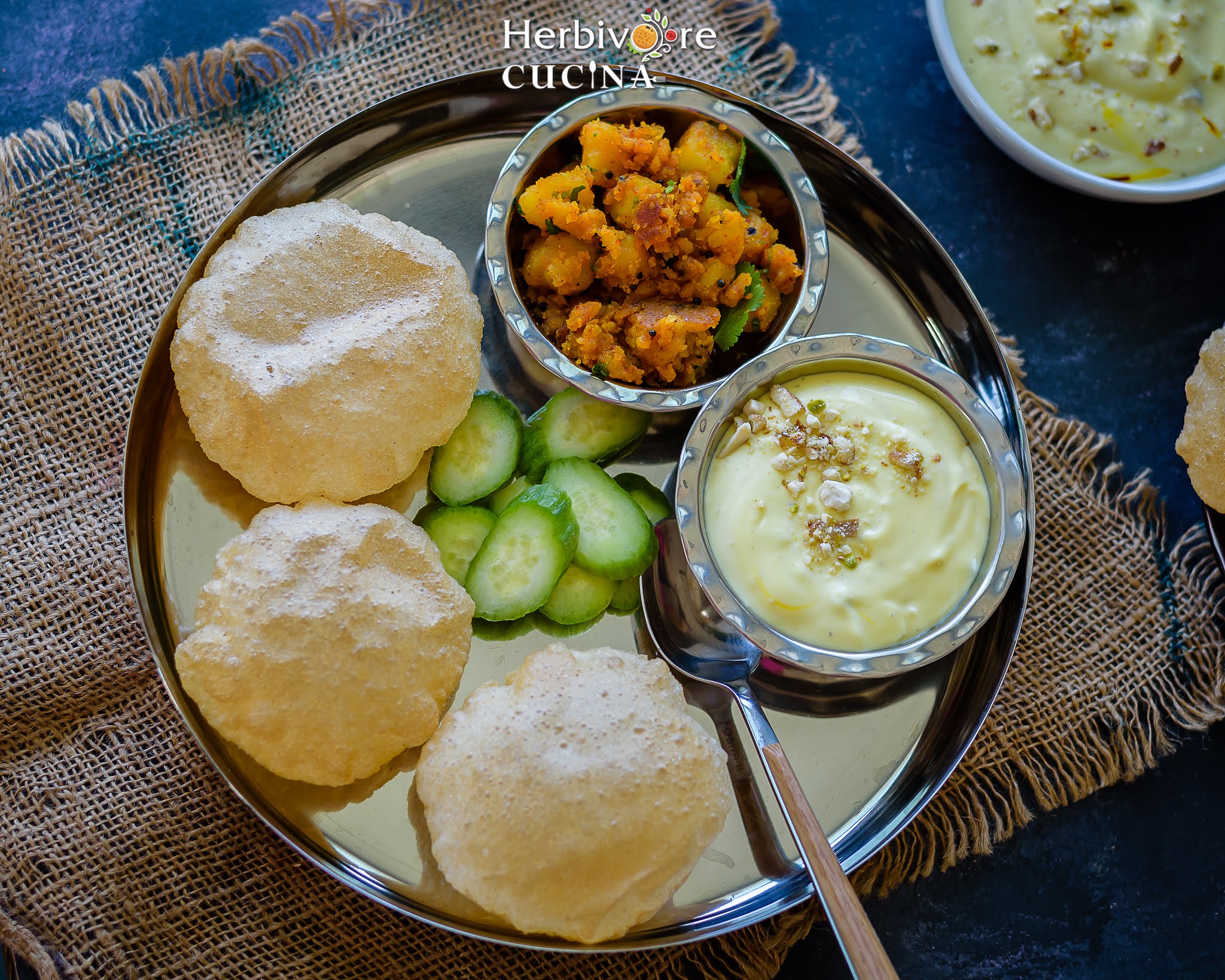 A traditional Gudi Padwa meal; complete with Kesar Shrikhand, Puri, Batata bhaji and salad. 