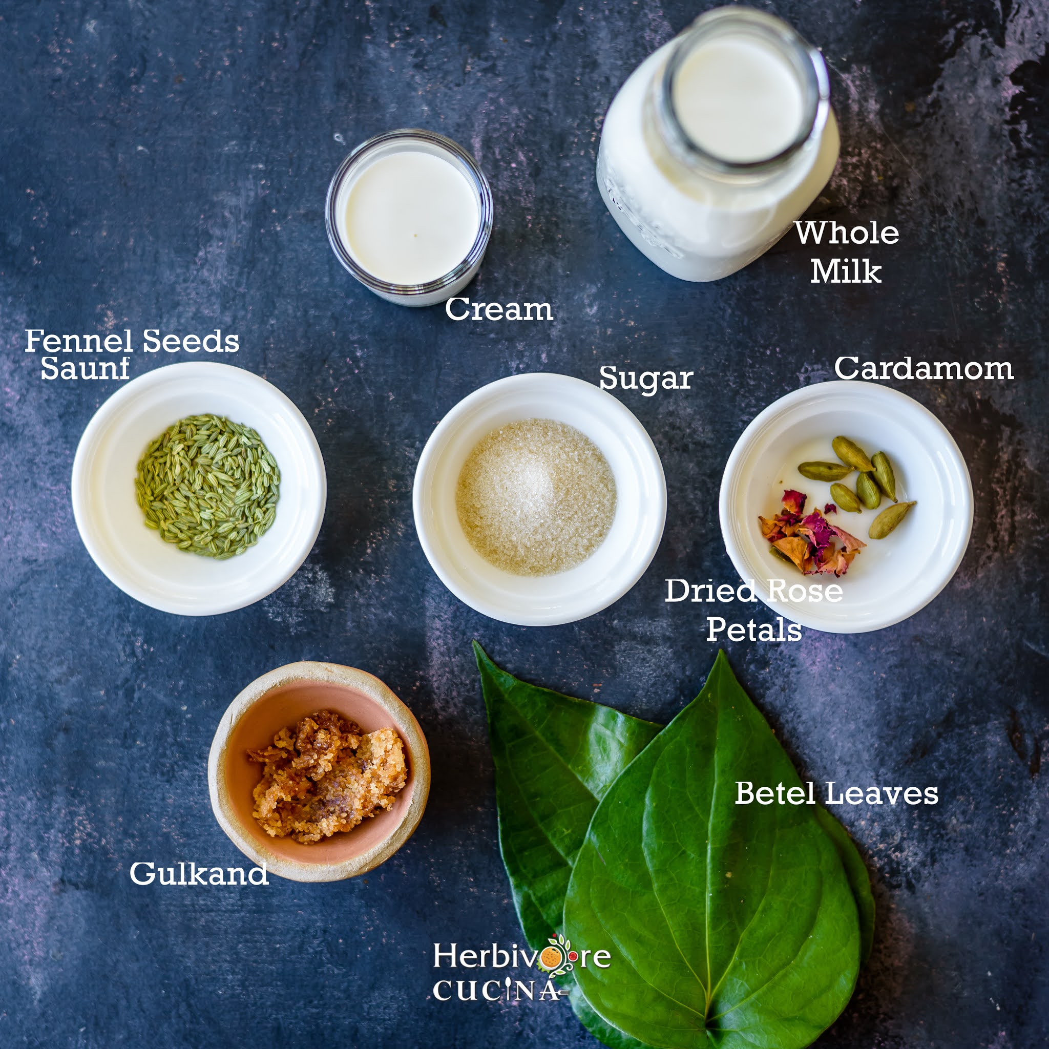 Ingredients to make paan milkshake.