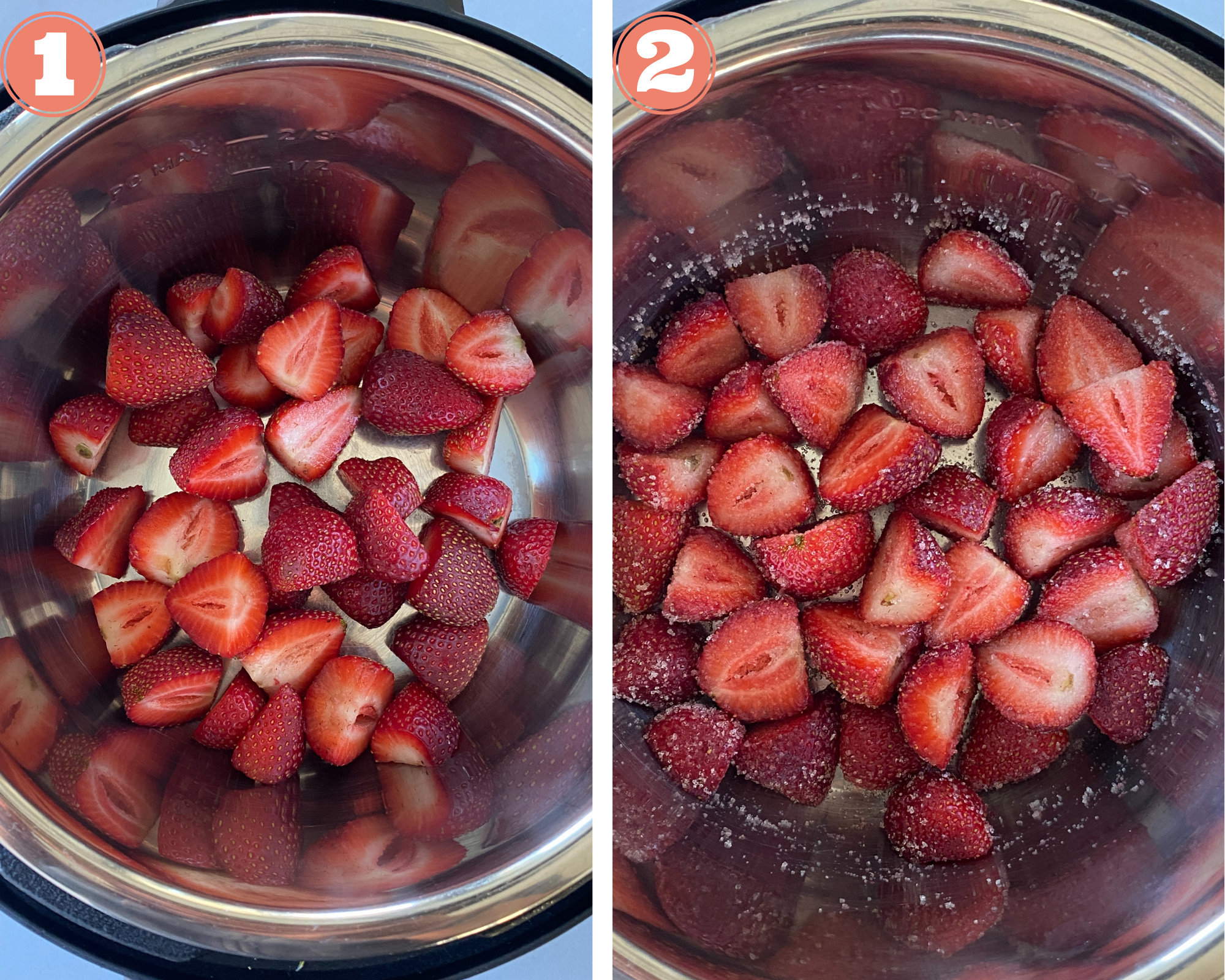 Collage steps to make strawberry chia jam; add berries to the instant pot and sprinkle sugar on it. 