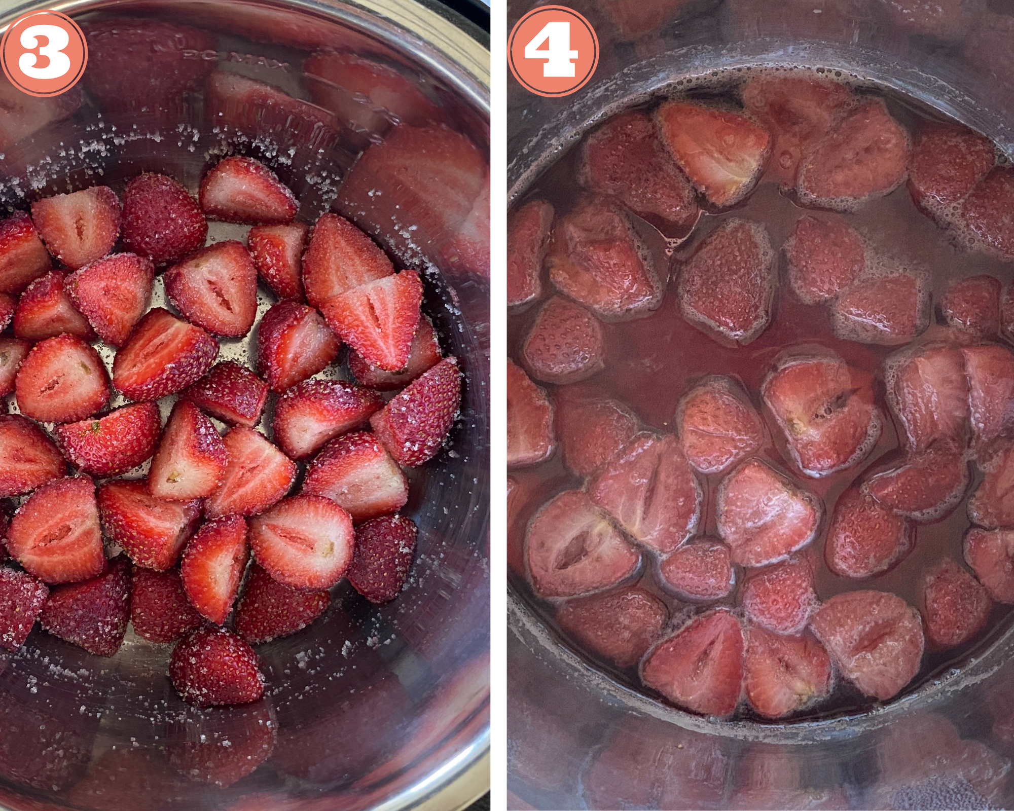 Collage steps to make strawberry chia jam; cooking the berries on high pressure and opening the instant pot. 