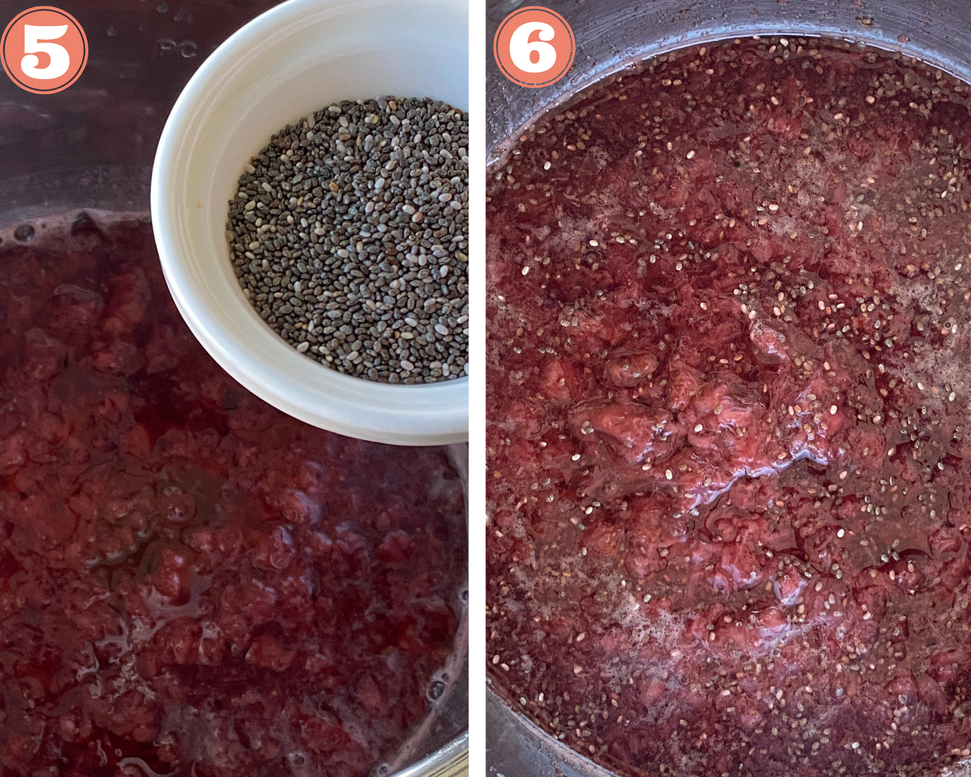 Collage steps to make strawberry chia jam; adding chia seeds and thickening the jam. 