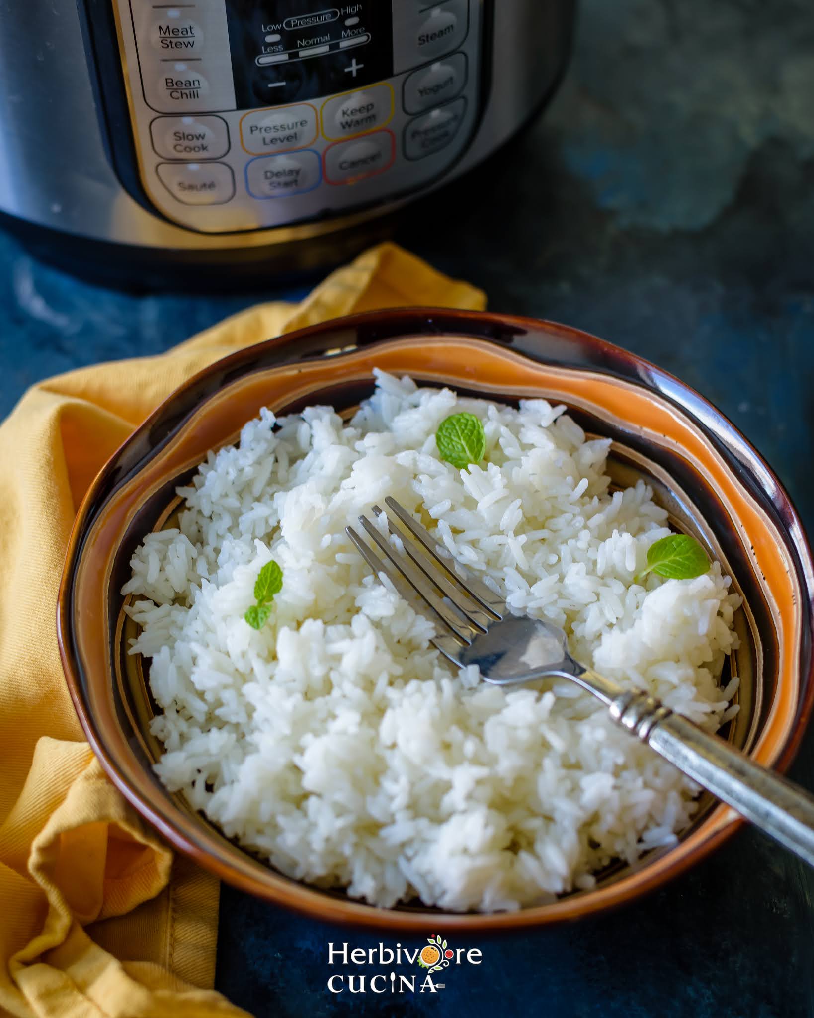 A brown bowl filled with cooked jasmine rice and a fork on the side with the instant pot behind it. 