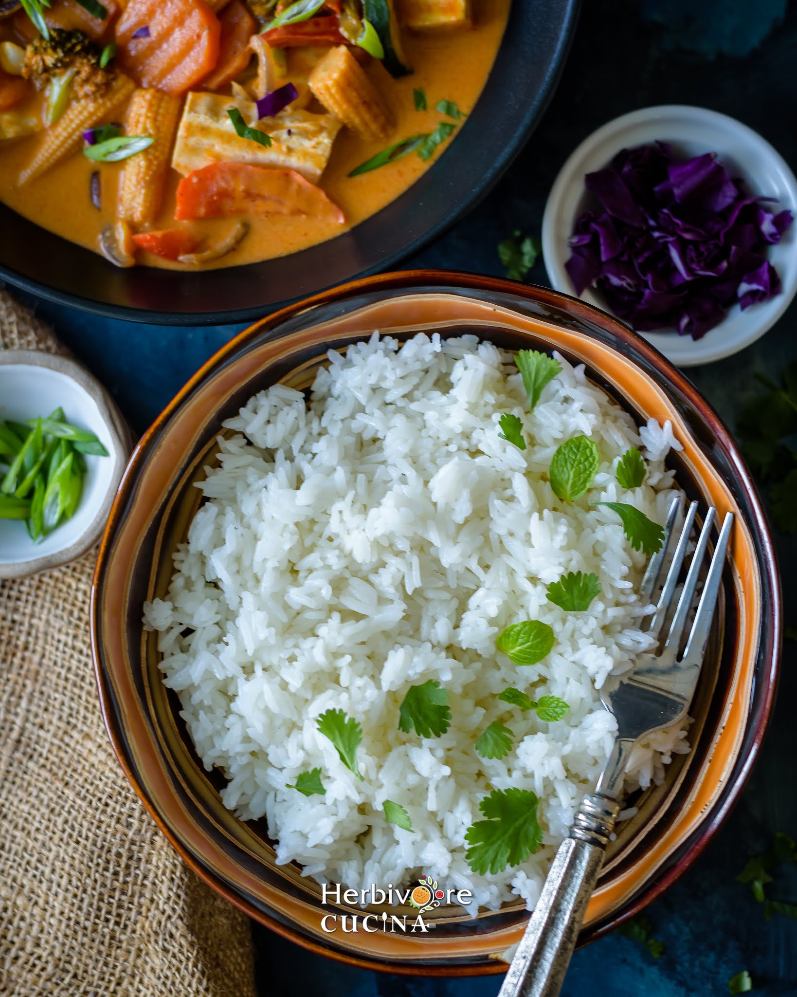 A brown bowl filled with Instant pot Jasmine Rice and a fork in it served with some red Thai curry on the side.