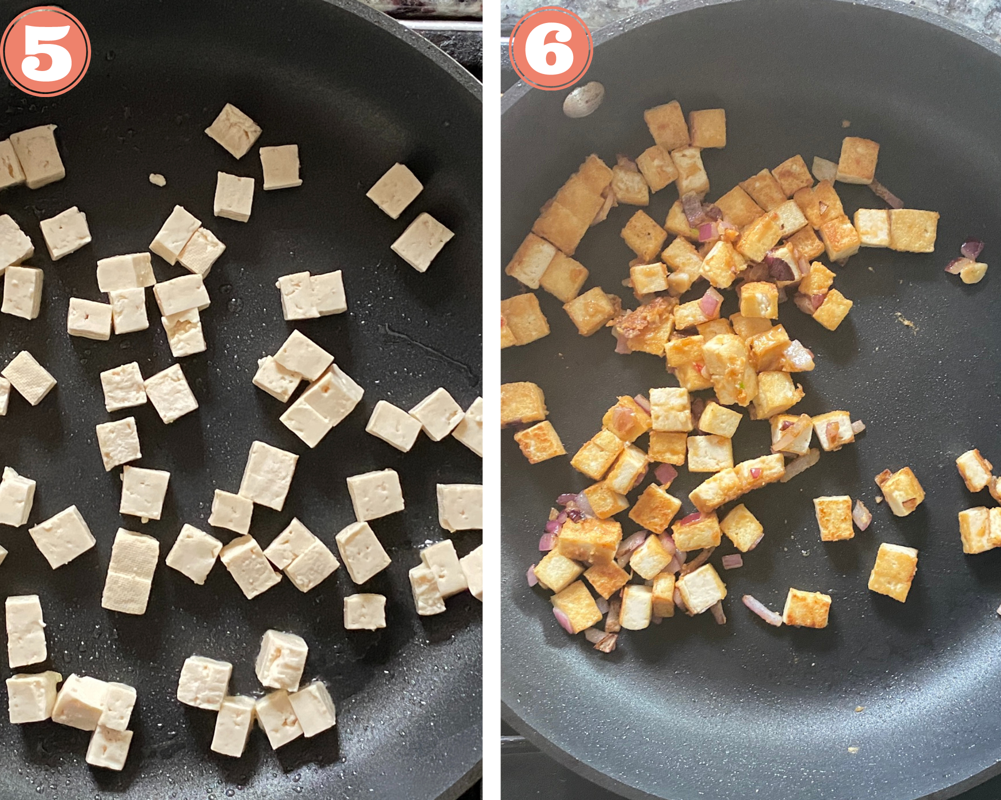 Collage steps to make Vietnamese rice paper nachos; cook tofu with onions and a peanut based sauce in a pan. 