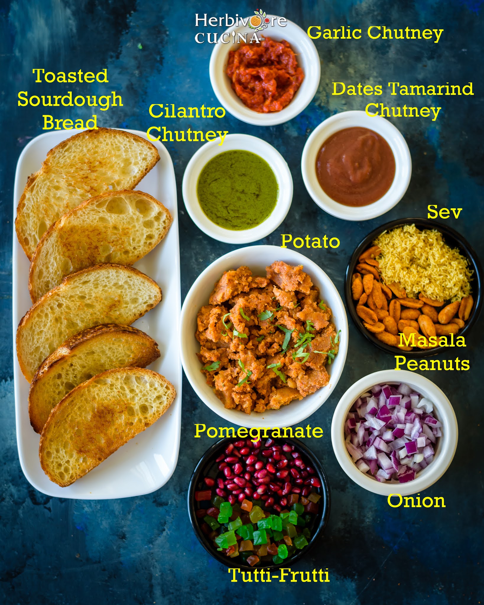 Ingredients required to make Dabeli Bruschetta; toasted sourdough bread, potato mix, chutneys and toppings. 