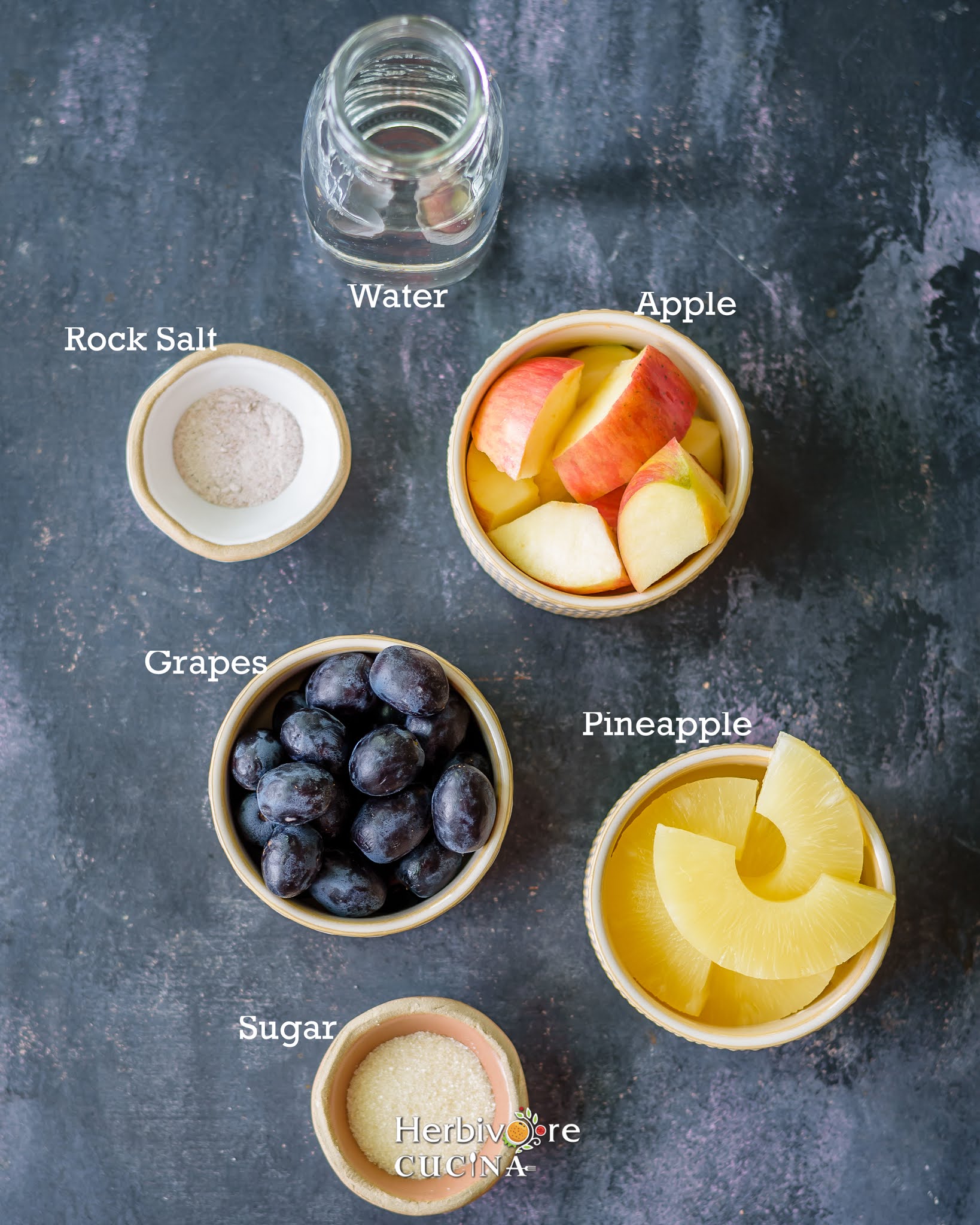 Mixed Fruit cocktail ingredients; fruits, sugar, water and rock salt. 