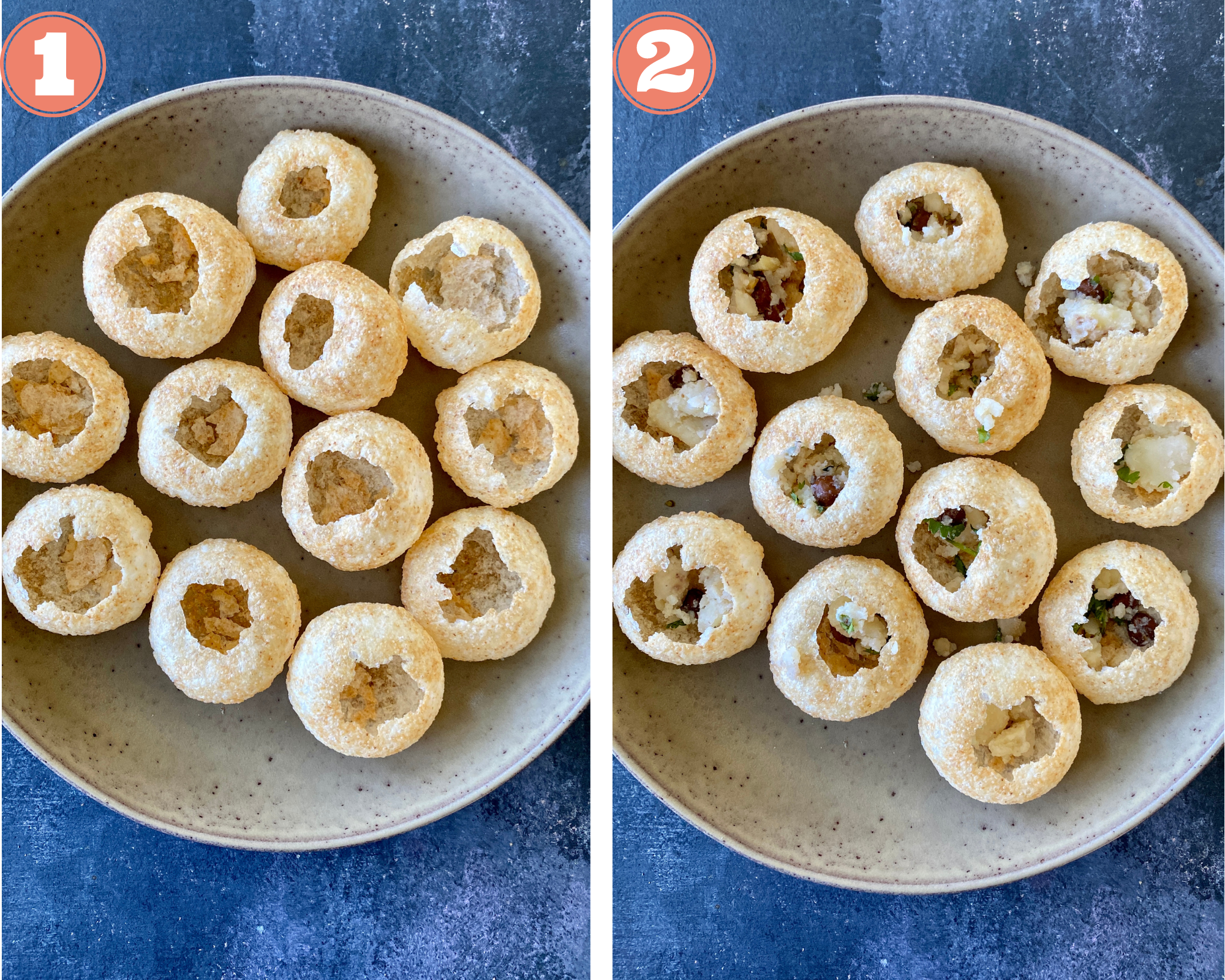 Collage steps to make Dahi batata puri; arrange puris in a plate and make holes in them. 