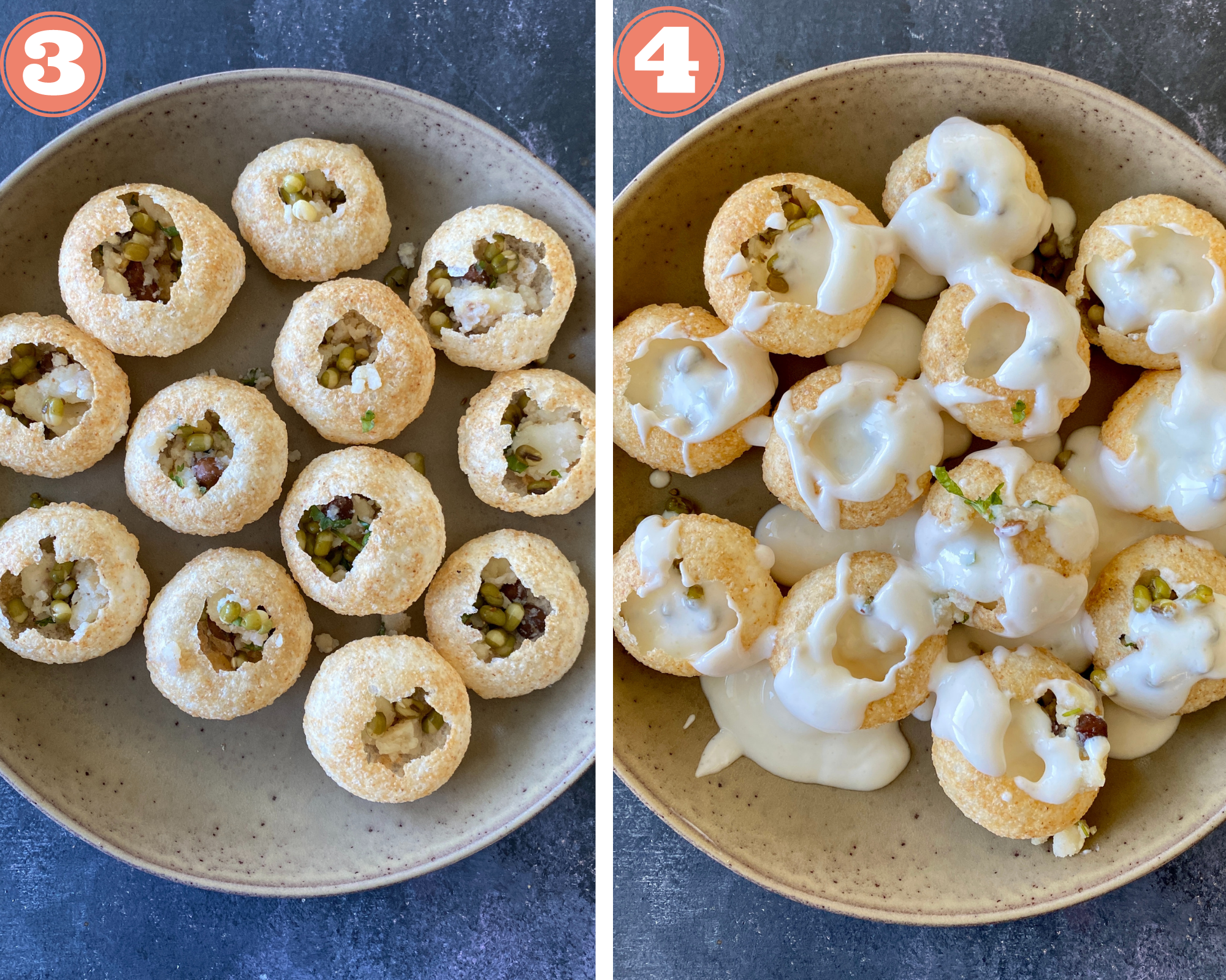 Collage steps to make Dahi batata puri; fill the puris with fillings and top with seasoned yogurt. 