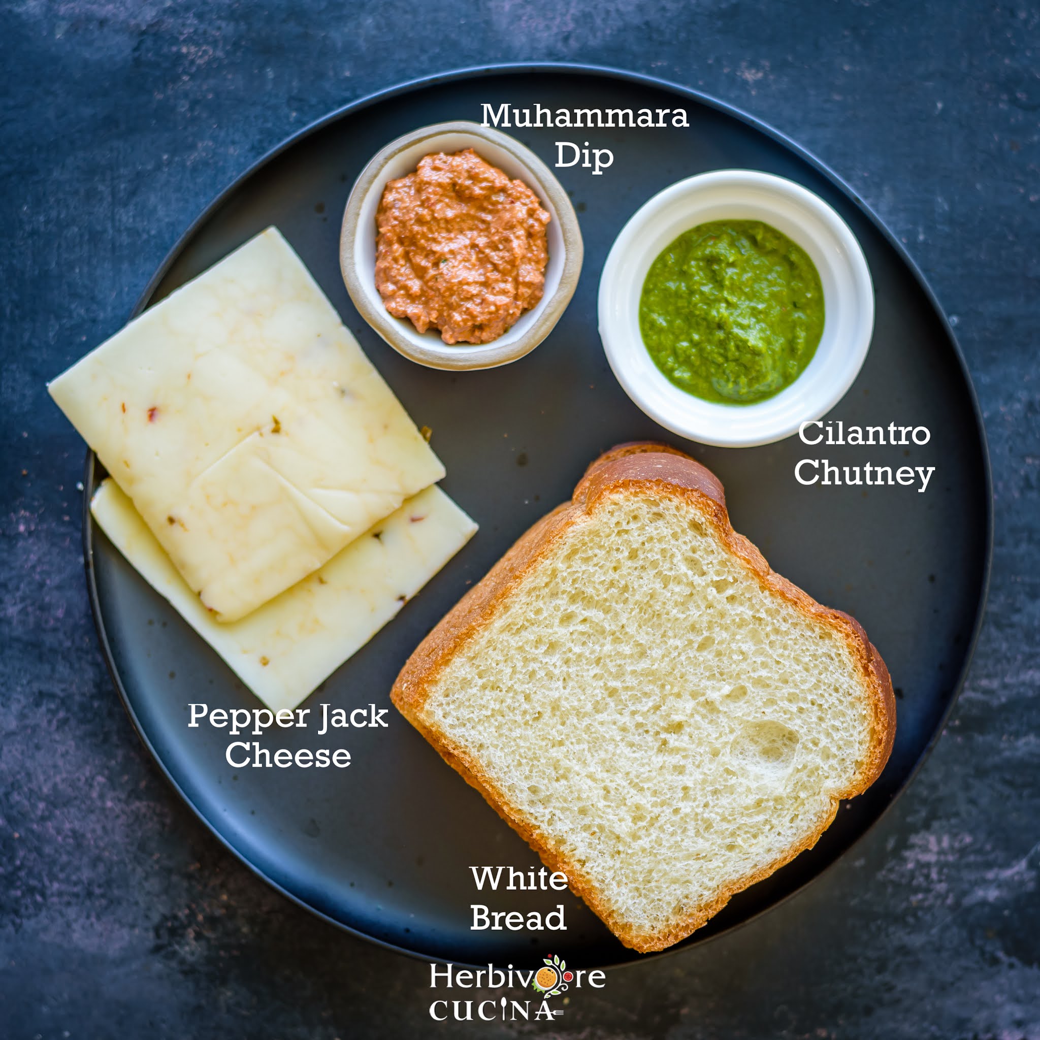 Ingredients needed for Tricolor Sandwiches; bread, cheese and two dips. 