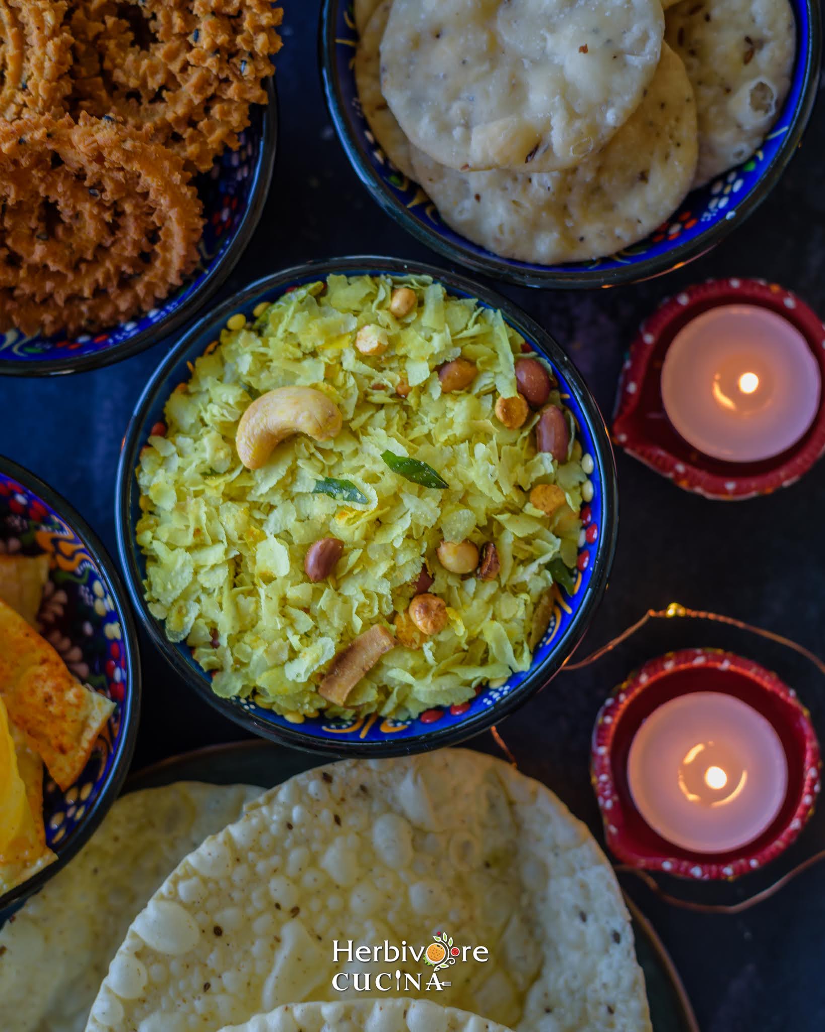 Bowl of Poha Chivda with Diwali snacks