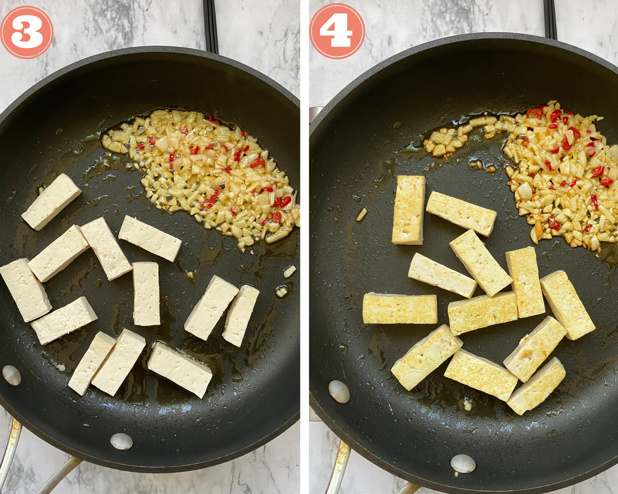 Collage steps for making Drunken Noodles; add tofu and sauté till crisp on all sides. 