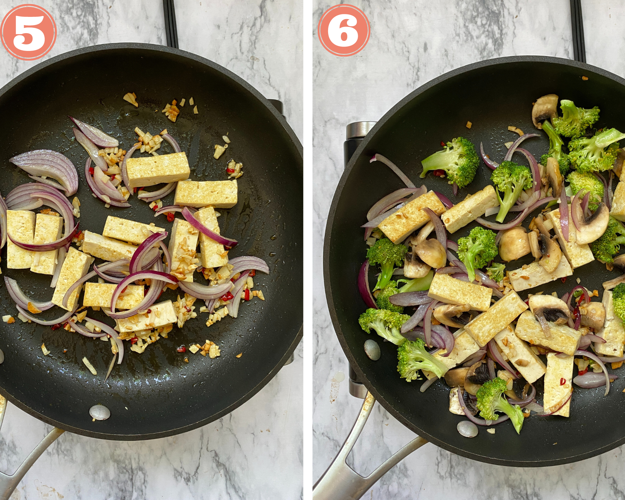 Collage steps for making Drunken Noodles; add onions and broccoli and cook them well. 