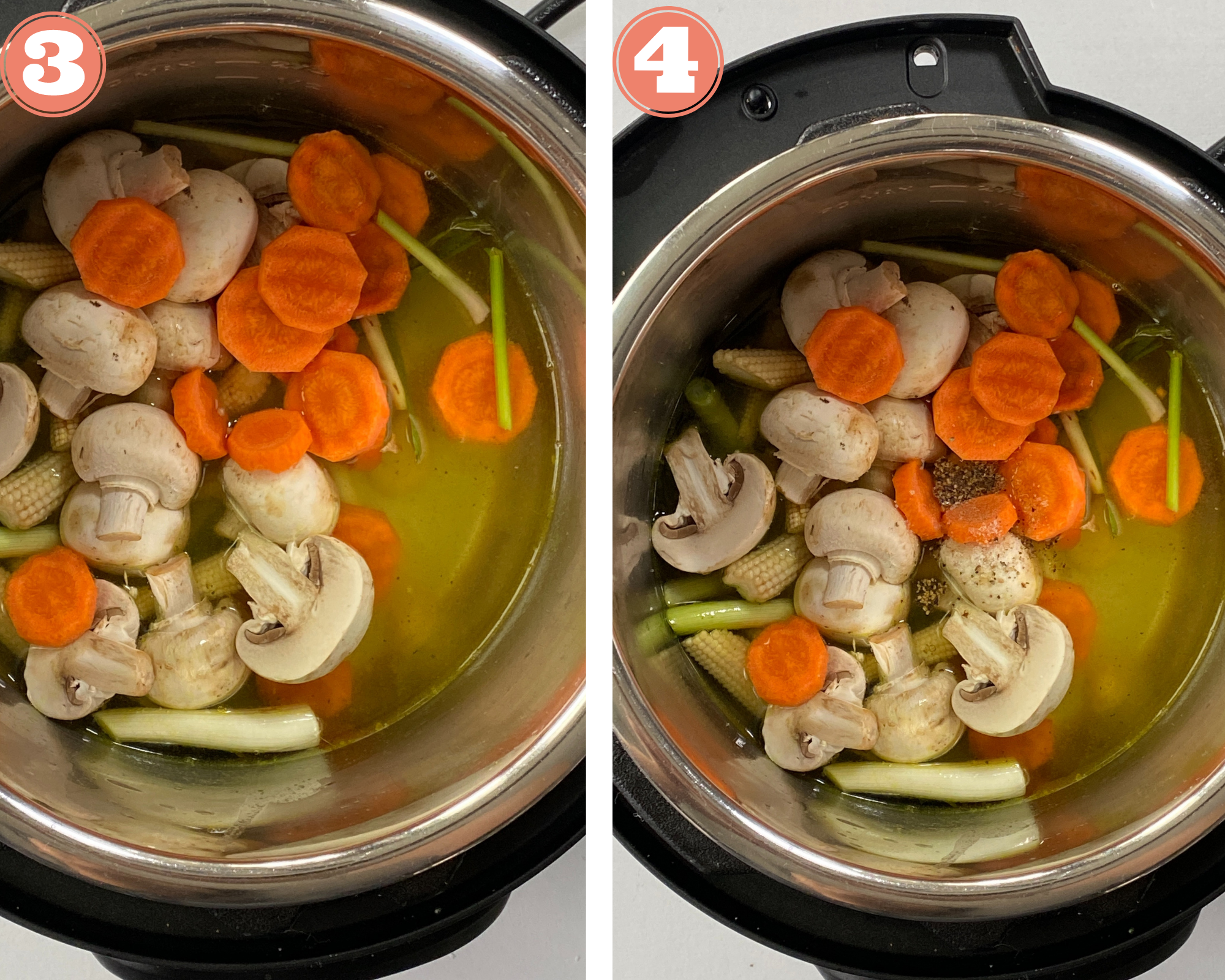 Add veggies, salt and pepper to the stock and aromatics in the Instant Pot. 