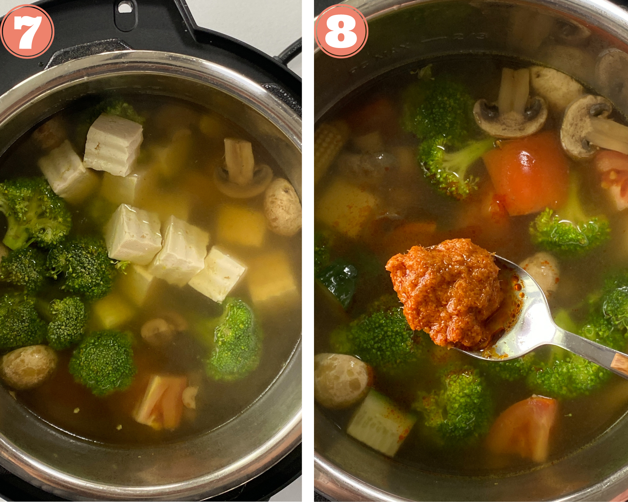 Add tofu, broccoli and tom yum paste to the cooked base. 