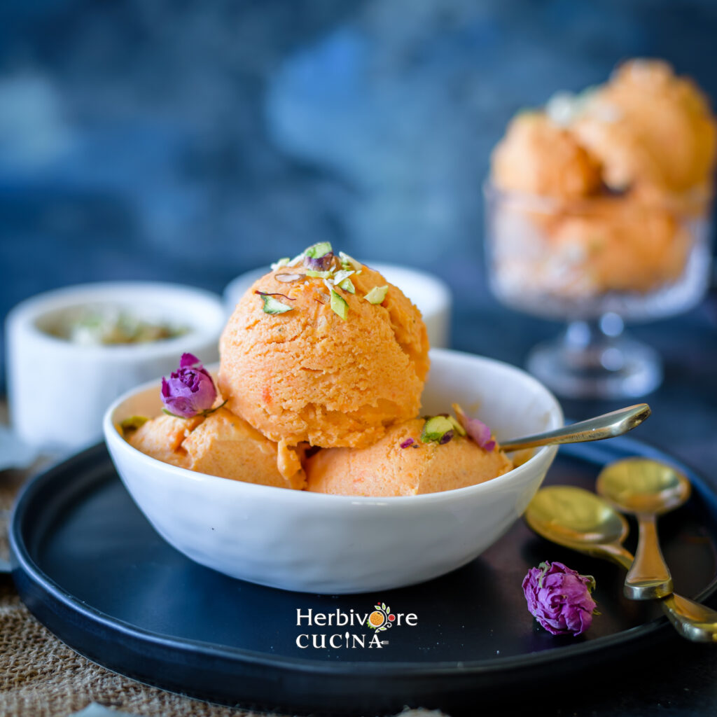 front view of 3 scoops of gajar halwa ice cream