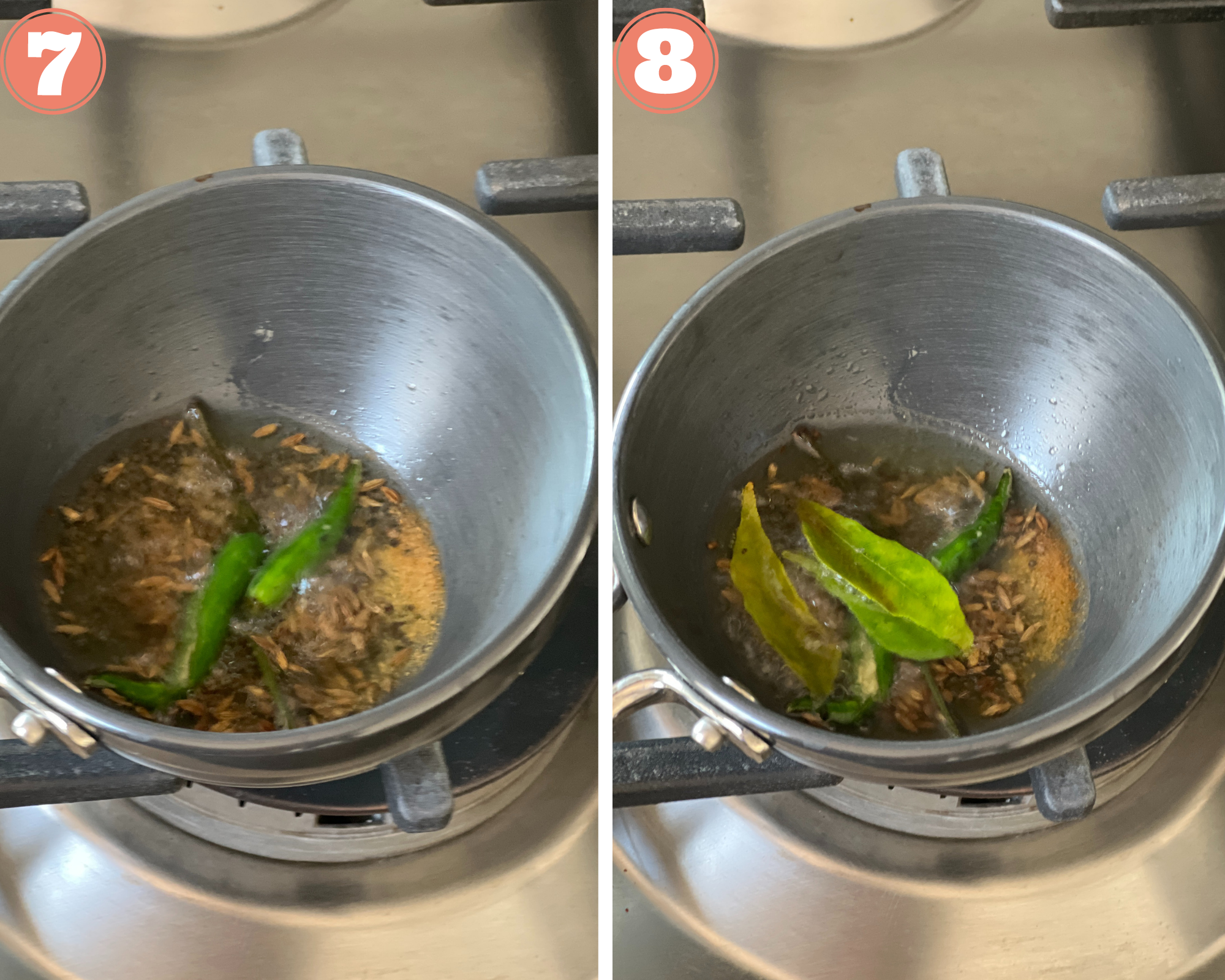 Collage steps for making Air Fryer Handvo; adding curry leaves and chili to hot oil for tempering. 