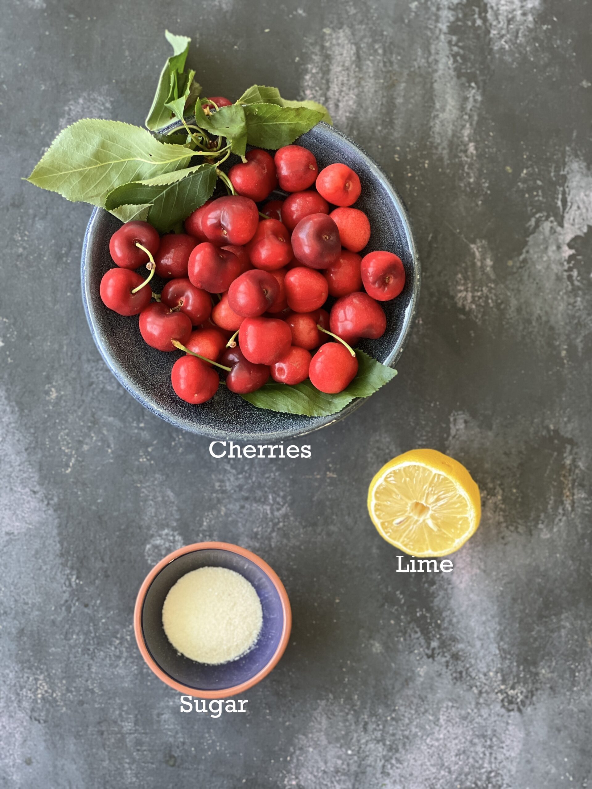 Cherry Jam ingredients; cherry, sugar and lime juice. 