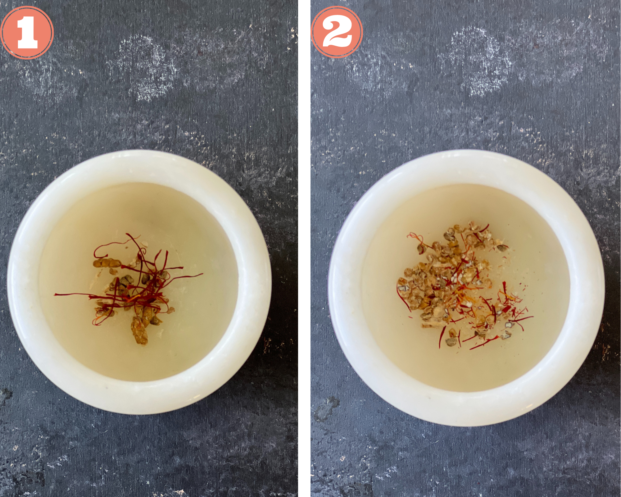 How to make Mango lassi: Crush cardamom and saffron in a mortar pestle.