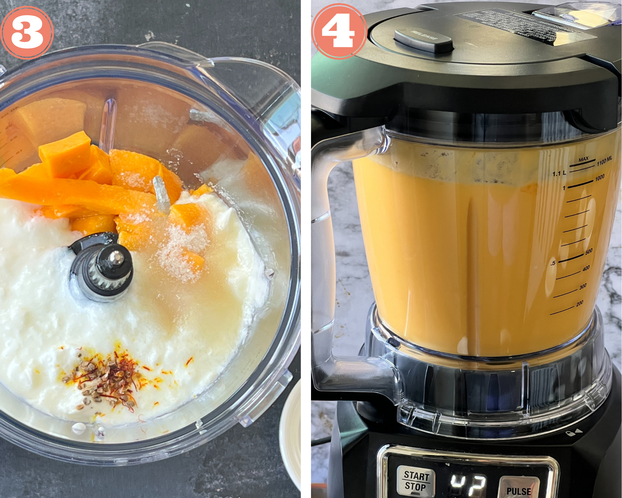 How to make Mango Lassi: Add yogurt, sugar and mango to a blender and blend till smooth.