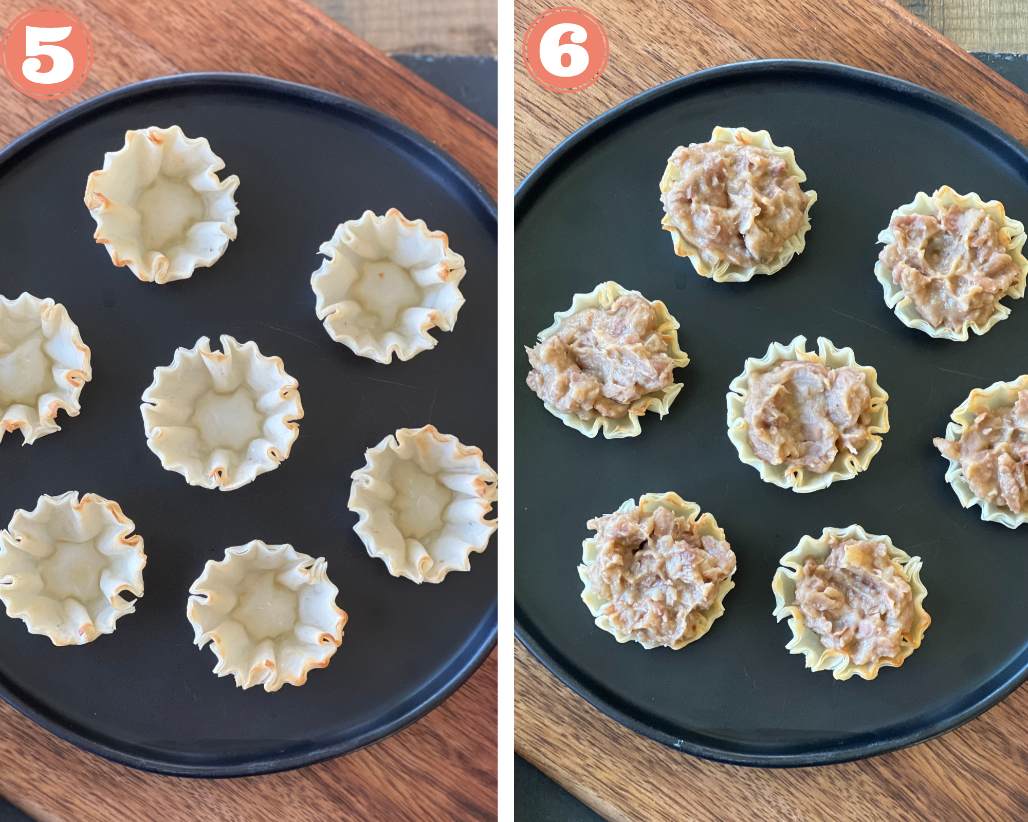 Collage steps to make Mexican Pizza Cups; a plate with phyllo cups filled with refried beans. 