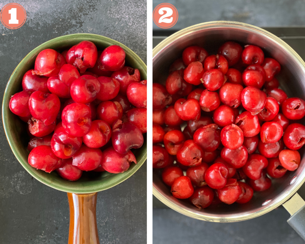 Pit cherries and add to pan