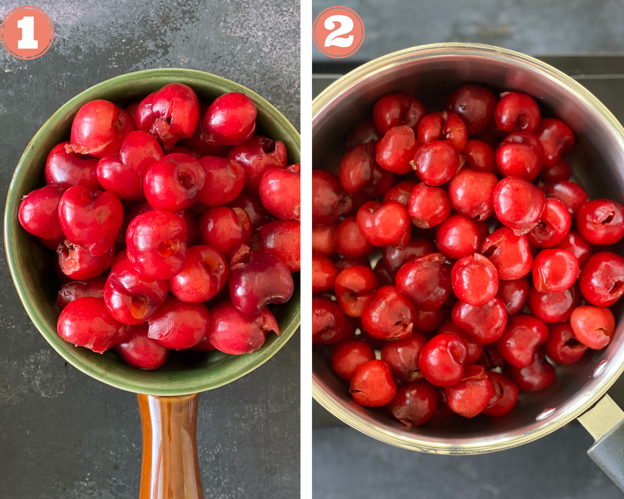 Collage pictures to pit cherries and add to pan to make cherry jam. 
