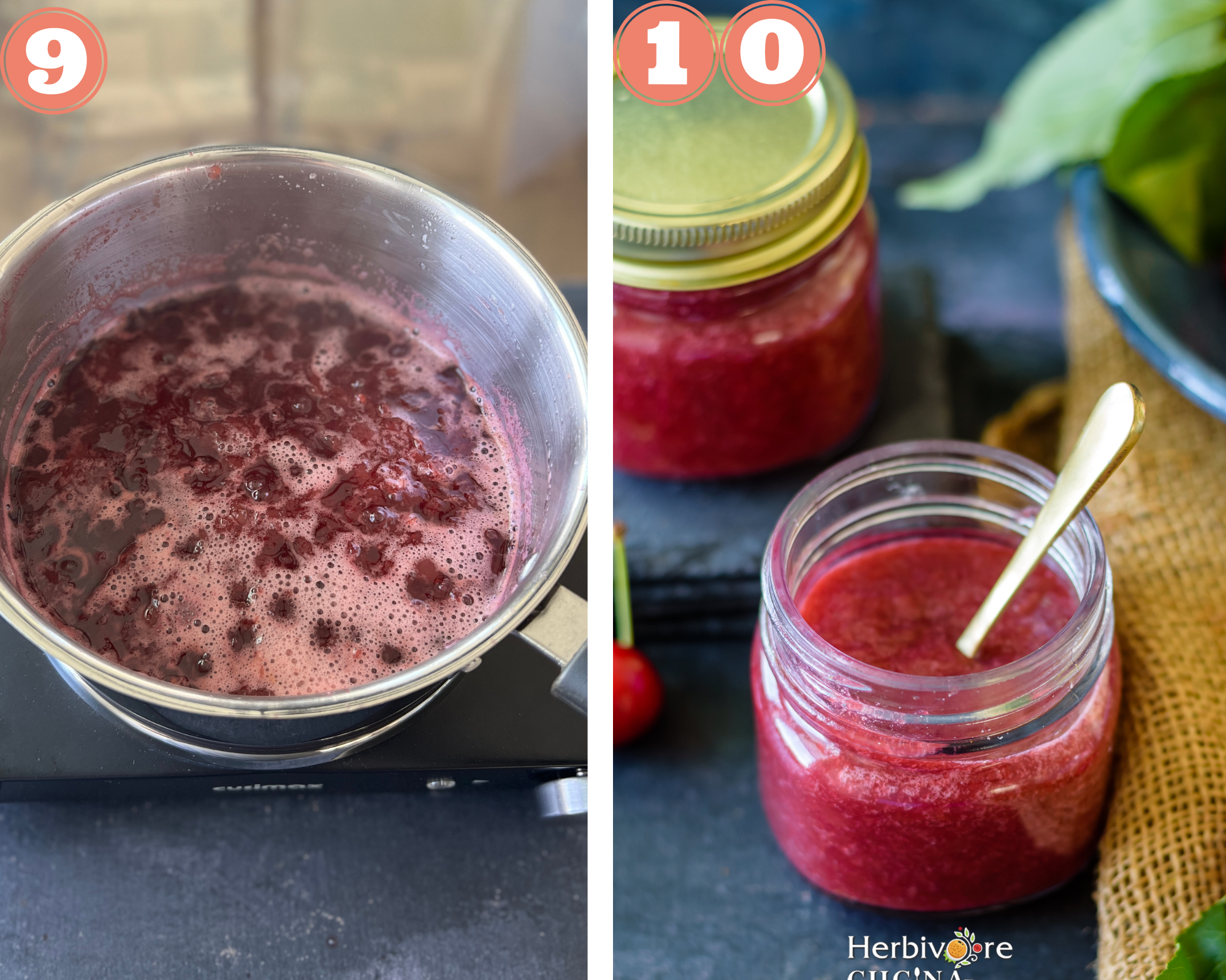 Collage steps to cool and bottle cherry jam. 