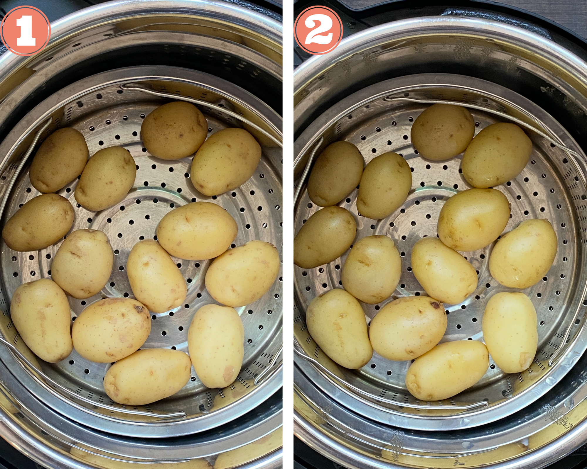 Collage steps to make Air Fried Smashed Potatoes; placing potatoes in a steamer basket in the instant pot and cooking them. 
