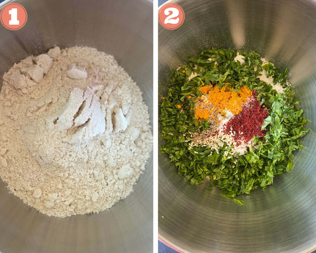 Collage steps to make Methi Thepla; add flour, methi and spices in the base of a stand mixer. 