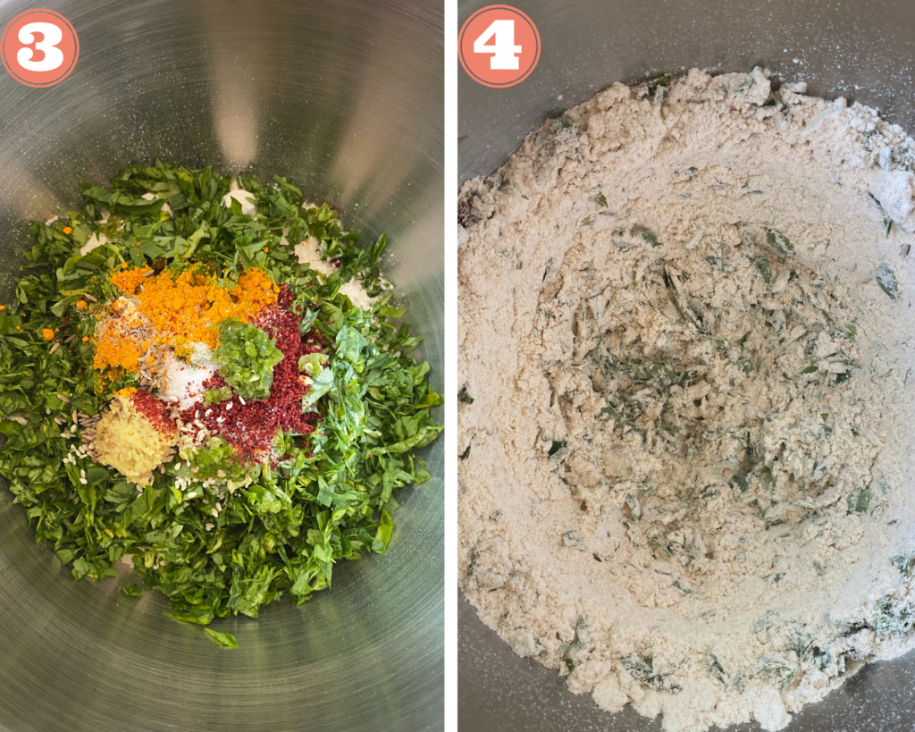 Collage steps to make Methi Thepla; add ginger chili paste and bring the flour together. 