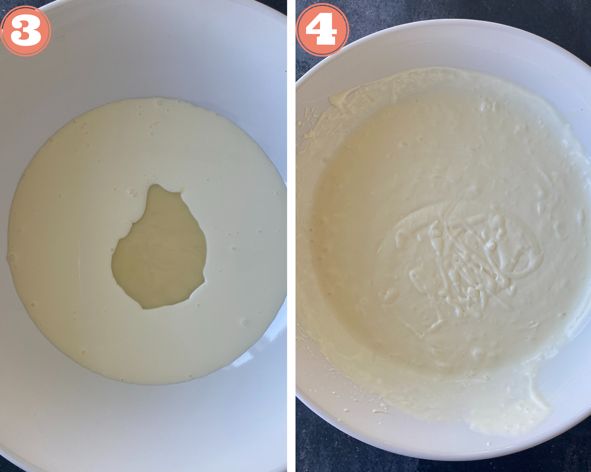 Collage steps to make litchi ice cream; blend condensed milk and cream.