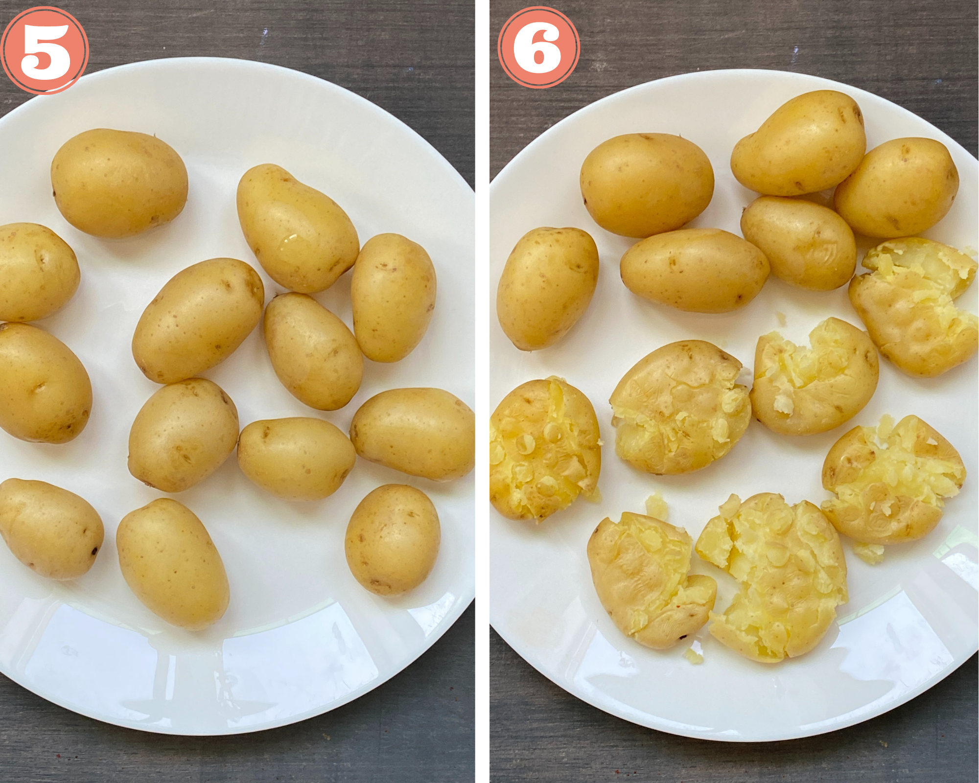 Collage steps to make Air Fried Smashed Potatoes; placing potatoes in a plate and smashing them. 