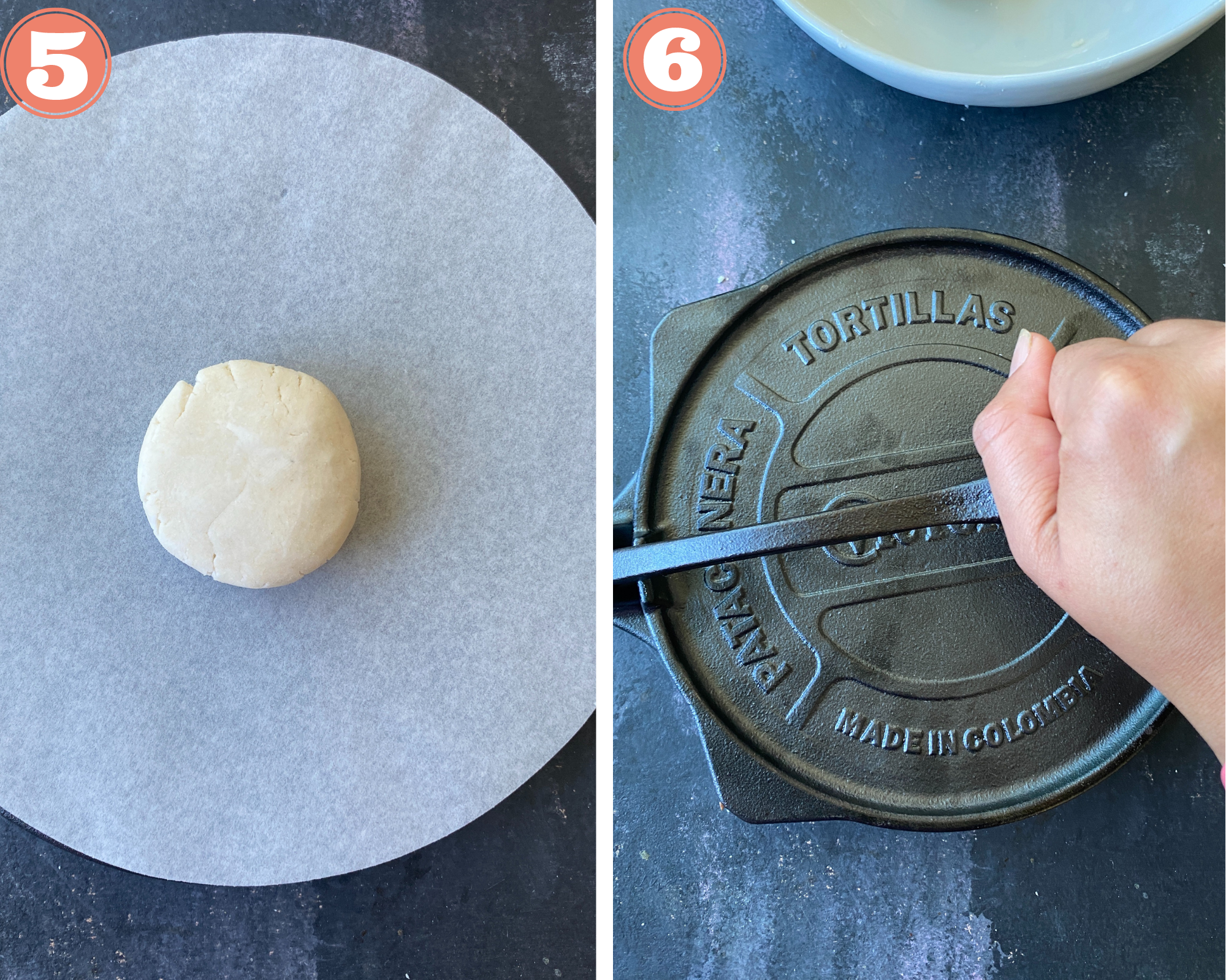 Collage steps to make gluten-free tortilla; rolling and pressing the tortilla flat using a tortilla press. 