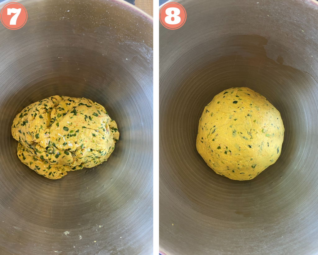 Collage steps to make Methi Thepla; add oil and let the dough rest for some time. 