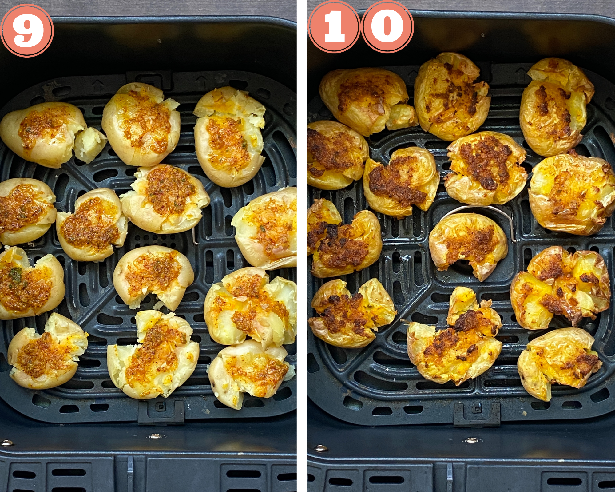 Collage steps to make Air Fried Smashed Potatoes; air frying till crisp and serving with cilantro and onions. 