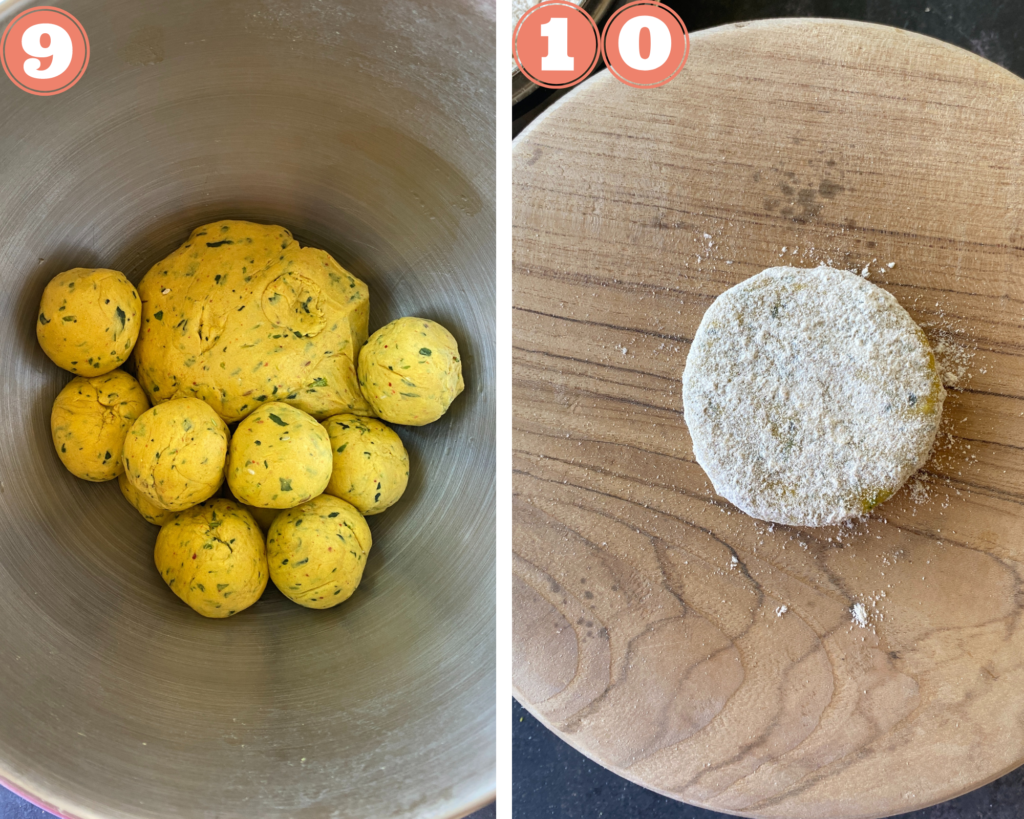 Collage steps to make Methi Thepla; divide into balls and flatten one rolled in dry flour. 