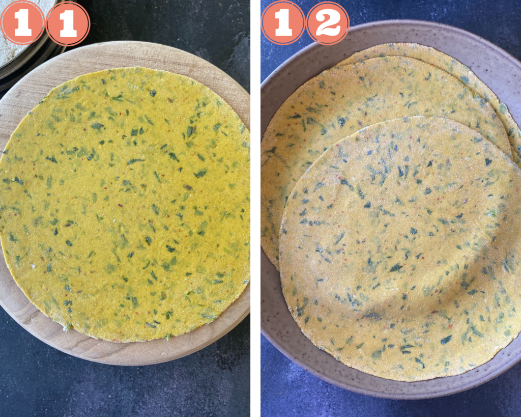 Collage steps to make Methi Thepla; roll to an even round and stack them till ready to cook. 