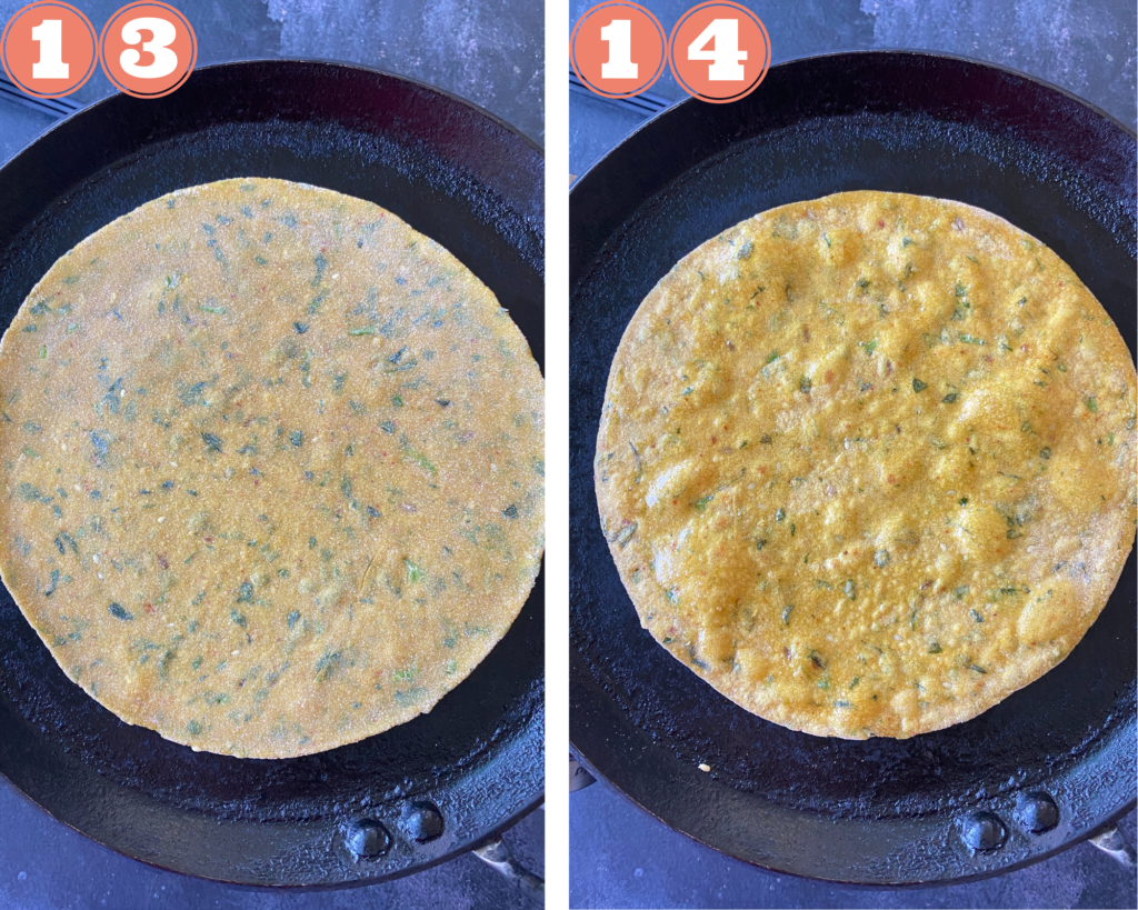 Collage steps to make Methi Thepla; cook on a heated tava on both sides. 