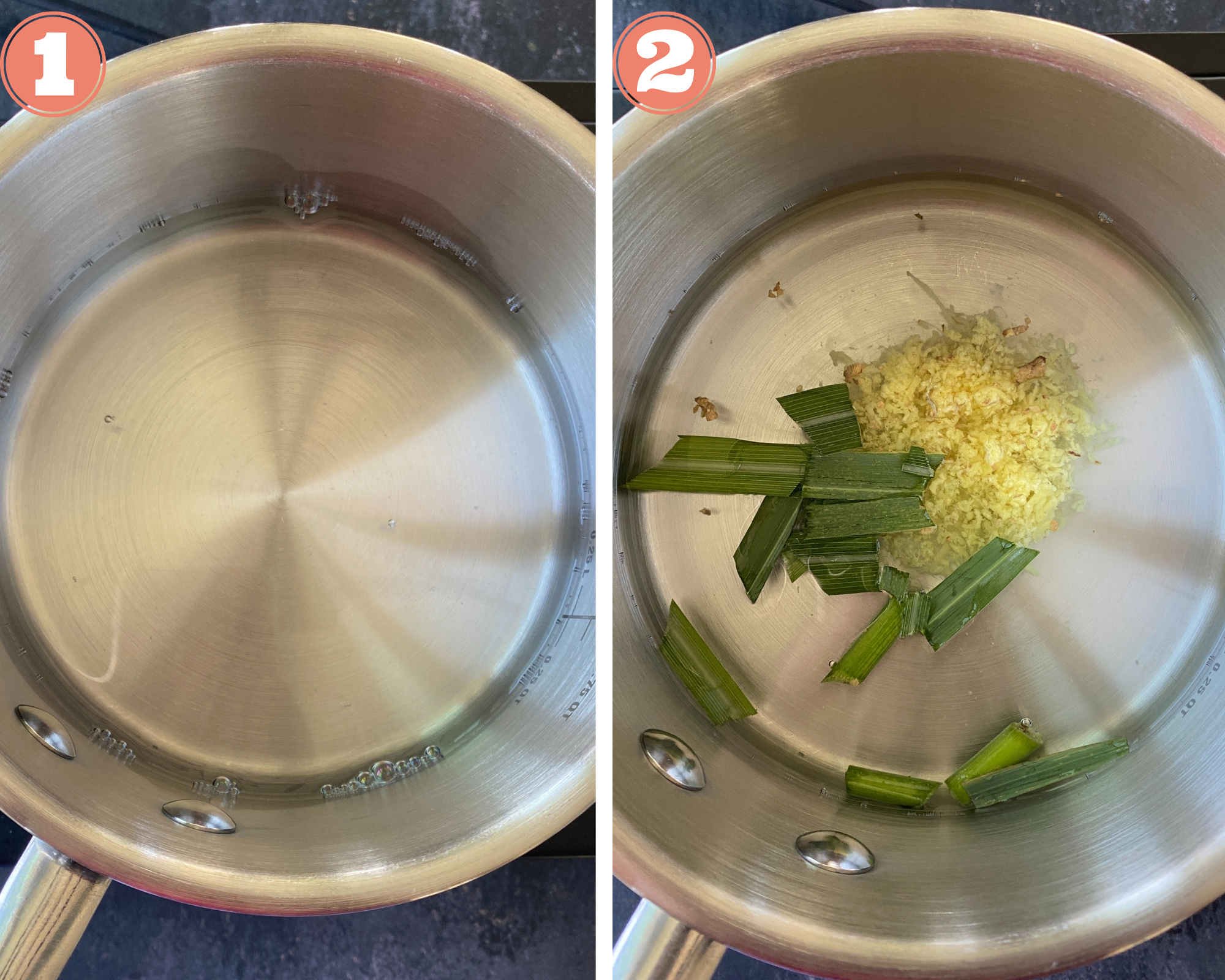 Collage steps to make Masala Chai; In a steel pot add water and heat it with grated ginger and lemongrass. 