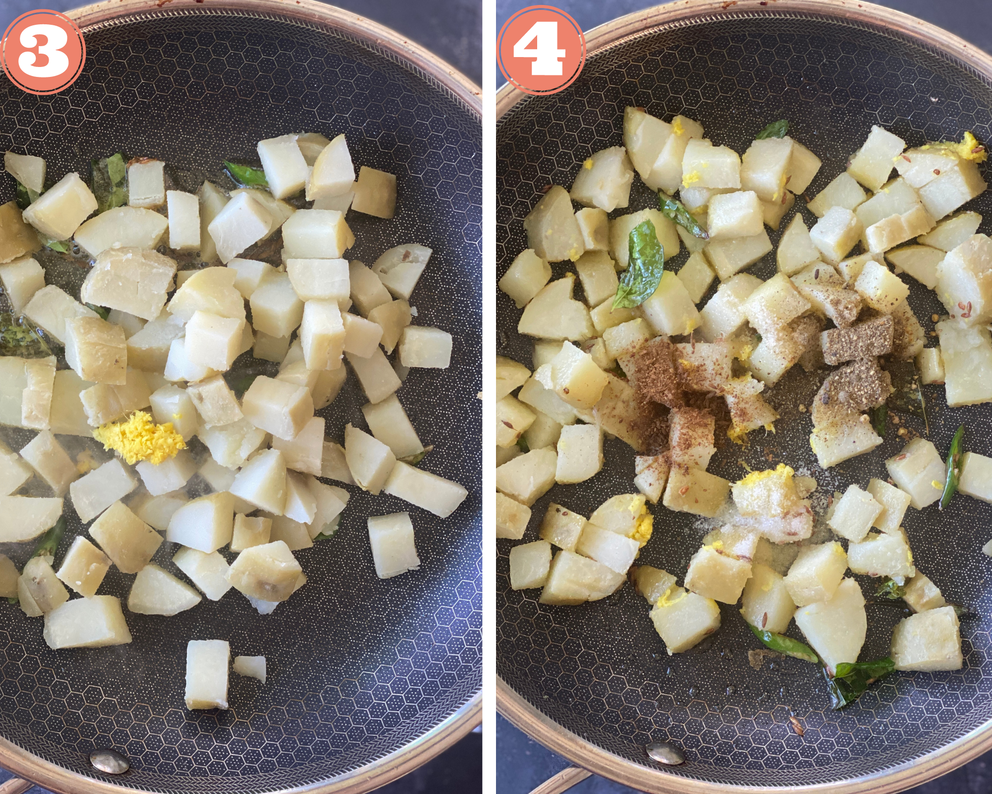 Collage steps to make vrat waale aloo; adding potatoes and spices. 