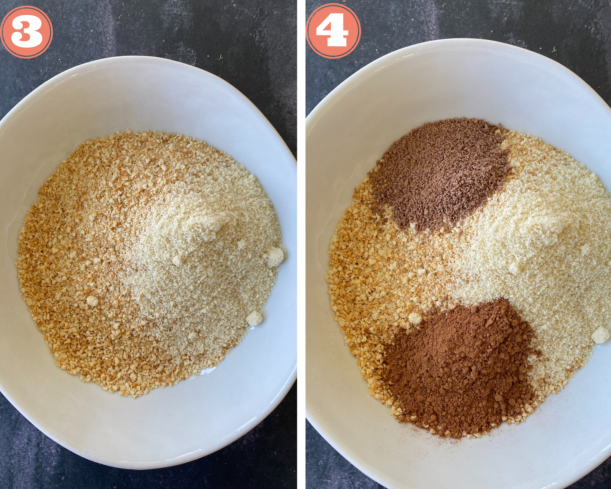 Collage steps to make Biscuit Chocolate Truffles; adding almond meal to crushed biscuits and adding in other ingredients.