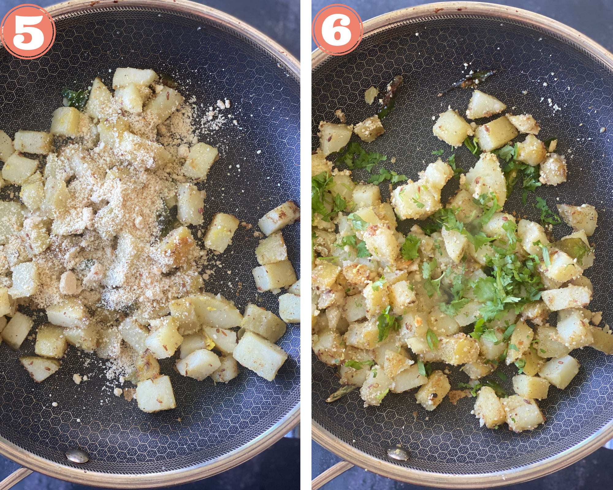 Collage steps to make vrat waale aloo; cooking the potatoes with peanuts and adding cilantro. 
