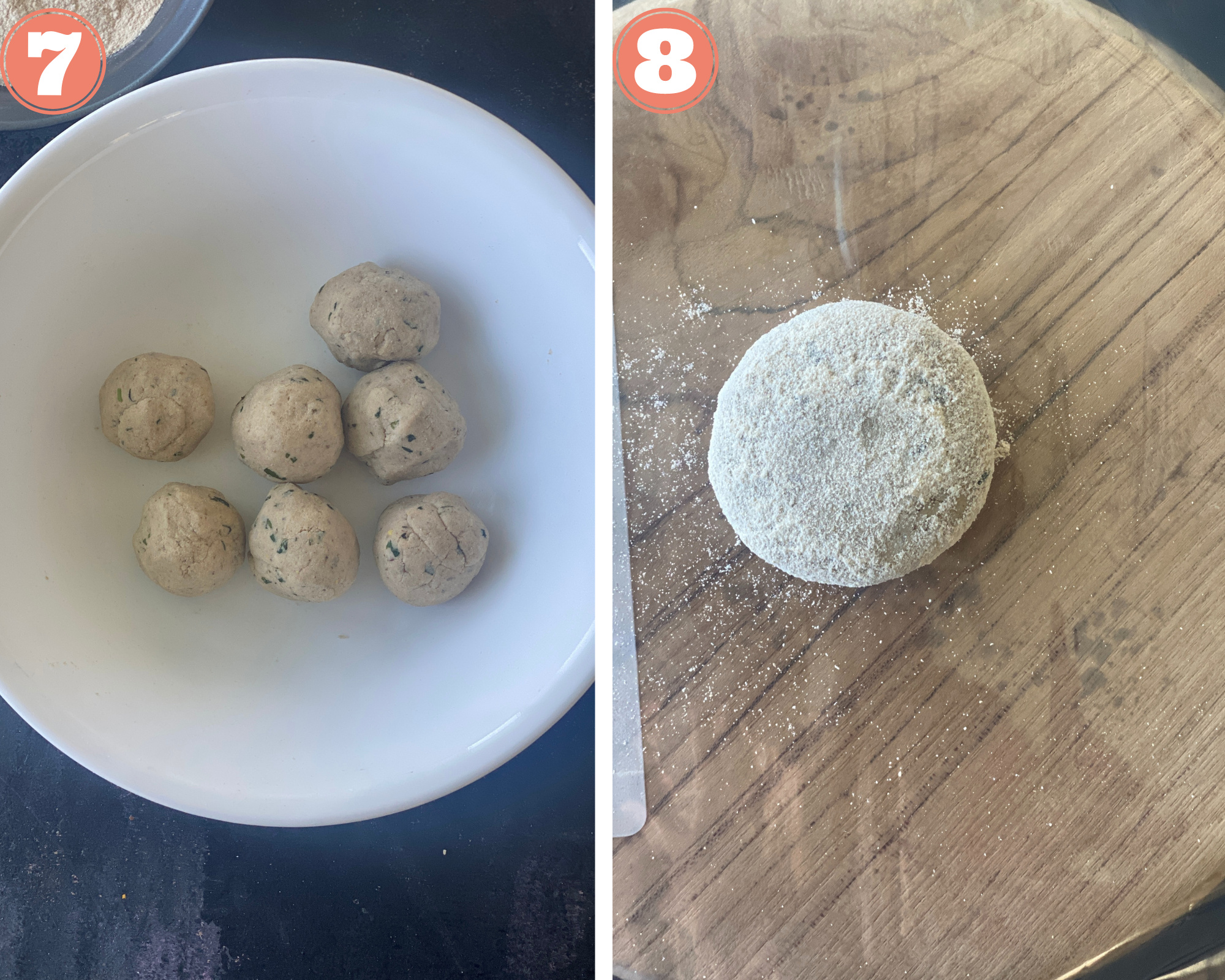 Collage steps to make rajgira parathas; dividing the dough into balls. 