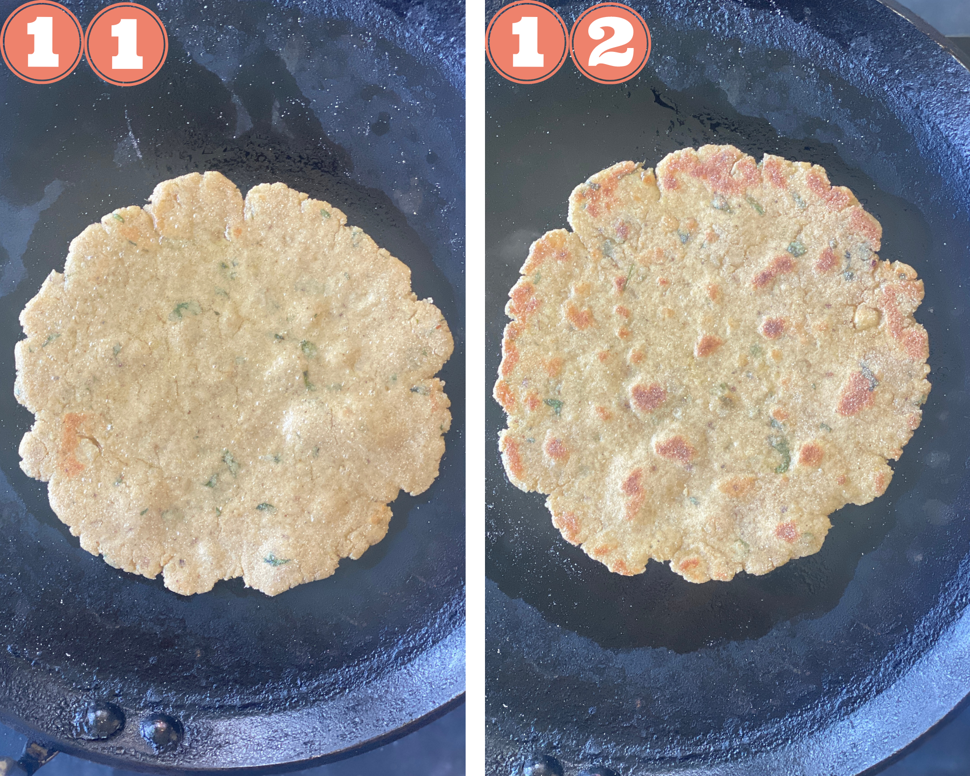 Collage steps to make rajgira parathas; cooking the parathas using ghee on a tava. 