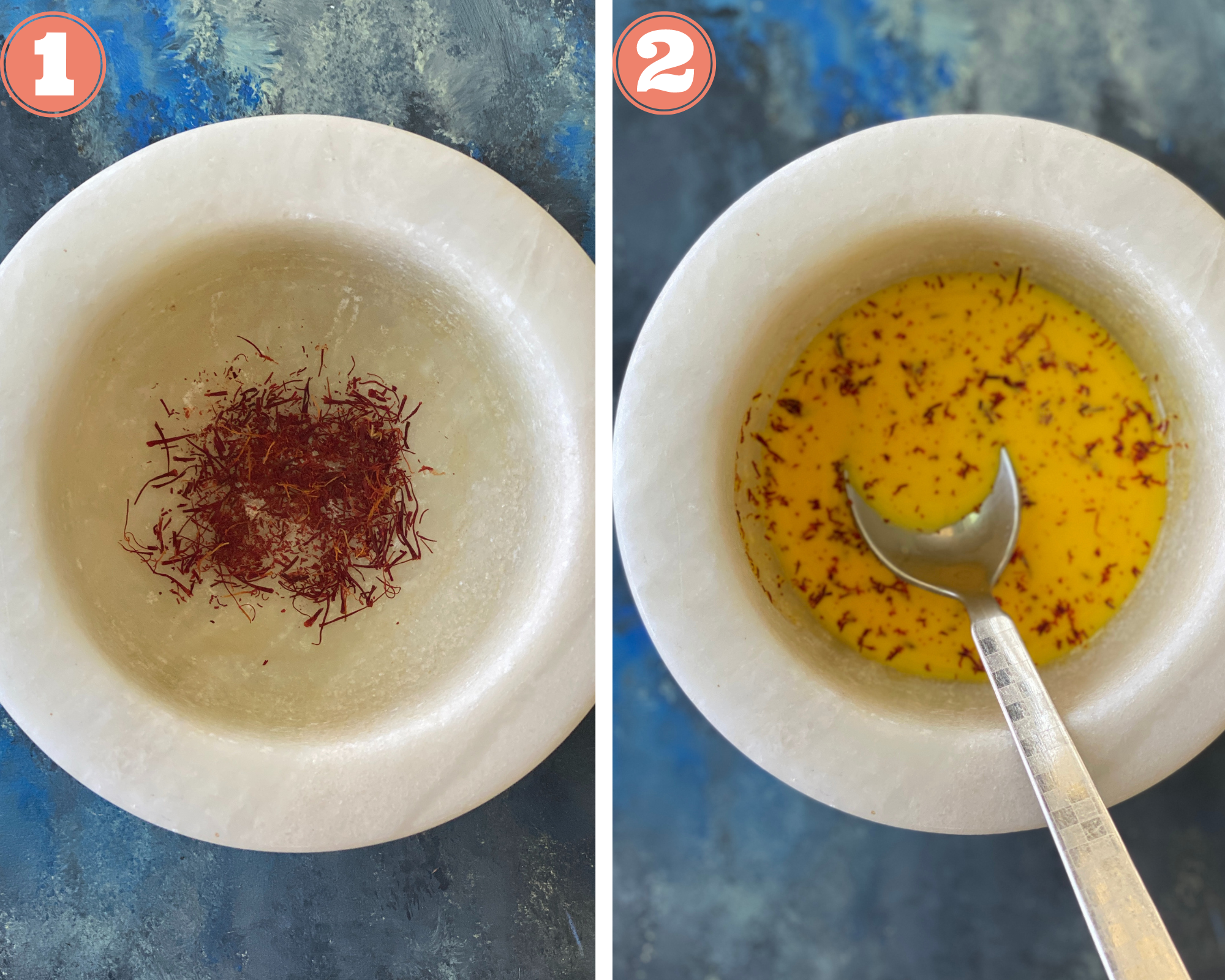 Collage steps to make Kesar Malai Peda; infusing saffron in milk in a mortar pestle. 