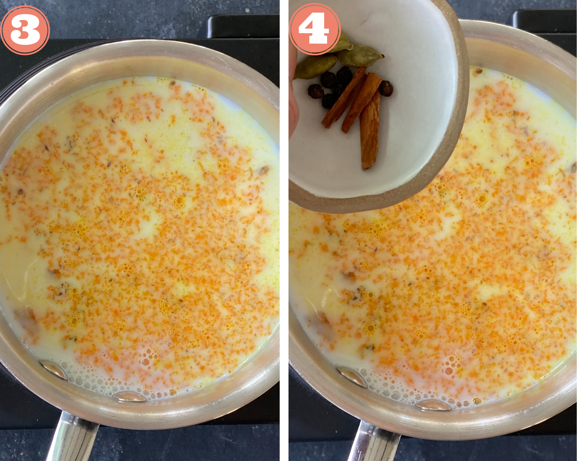 Collage steps to make turmeric milk; add turmeric and spices to the milk. 
