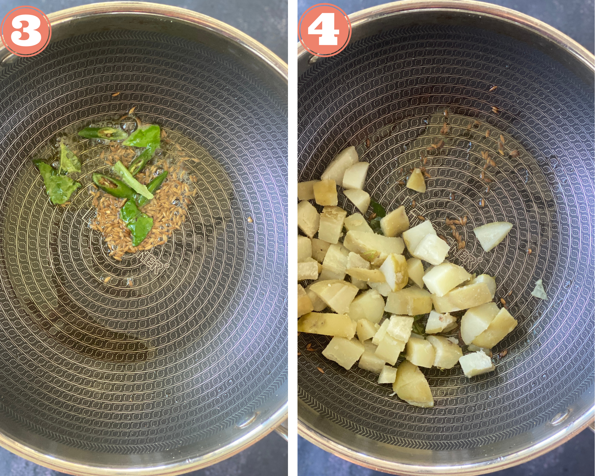 Collage steps to make farali aloo sabji; add aromatics and once they cook add potatoes to the pan. 
