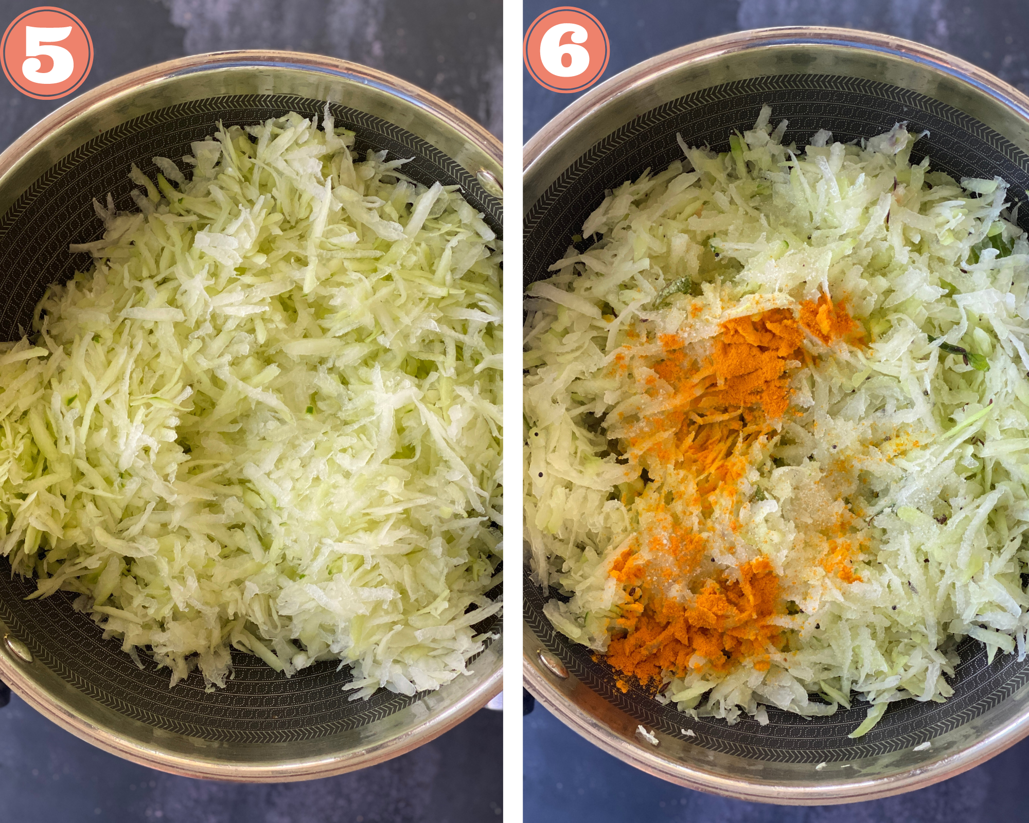 Collage steps to make papaya Sambharo; saute papaya and add spices. 