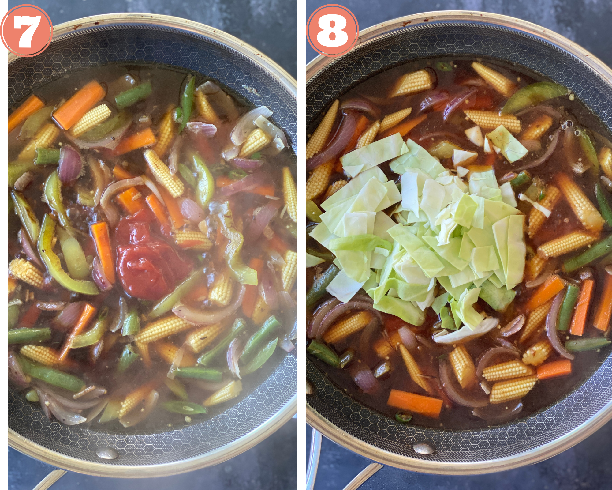 Collage steps to make American Chopsuey; add ketchup, sauces and cabbage.