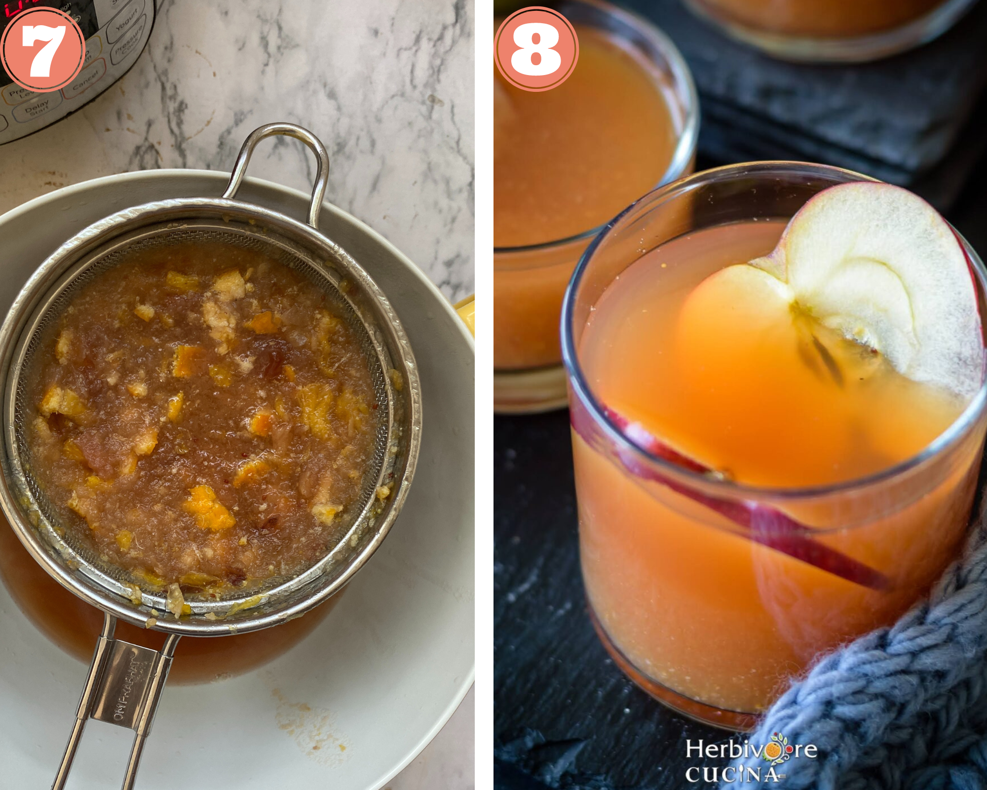 Collage steps to make Apple Cider; sieve and serve in glasses. 